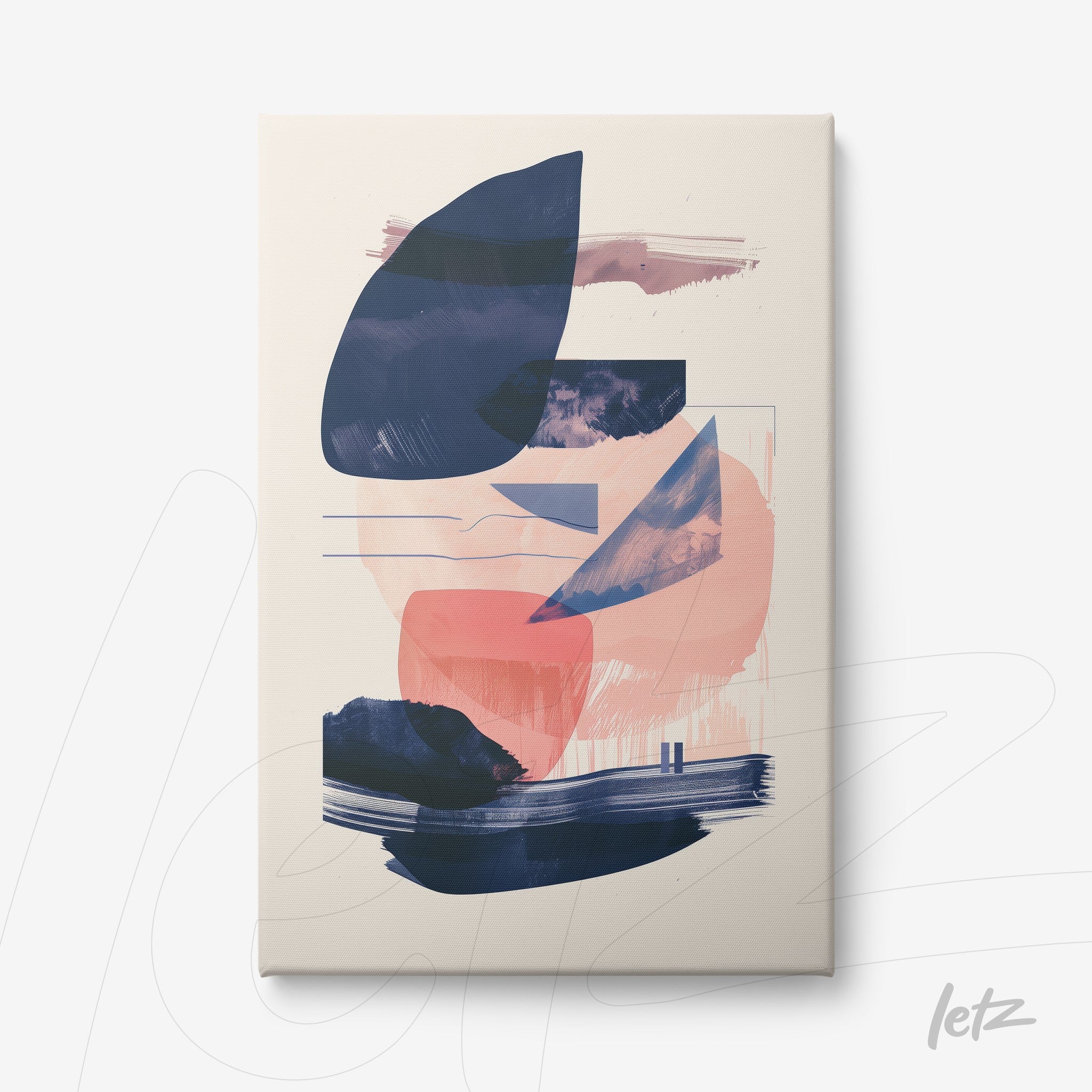 quadro em canvas com arte abstrata em tons de azul e rosa, com formas orgânicas sobre fundo claro