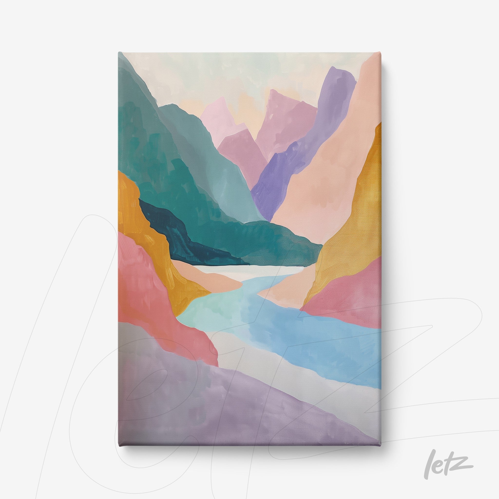 quadro em tela com paisagem abstrata de montanhas em tons pastel e rio sinuoso