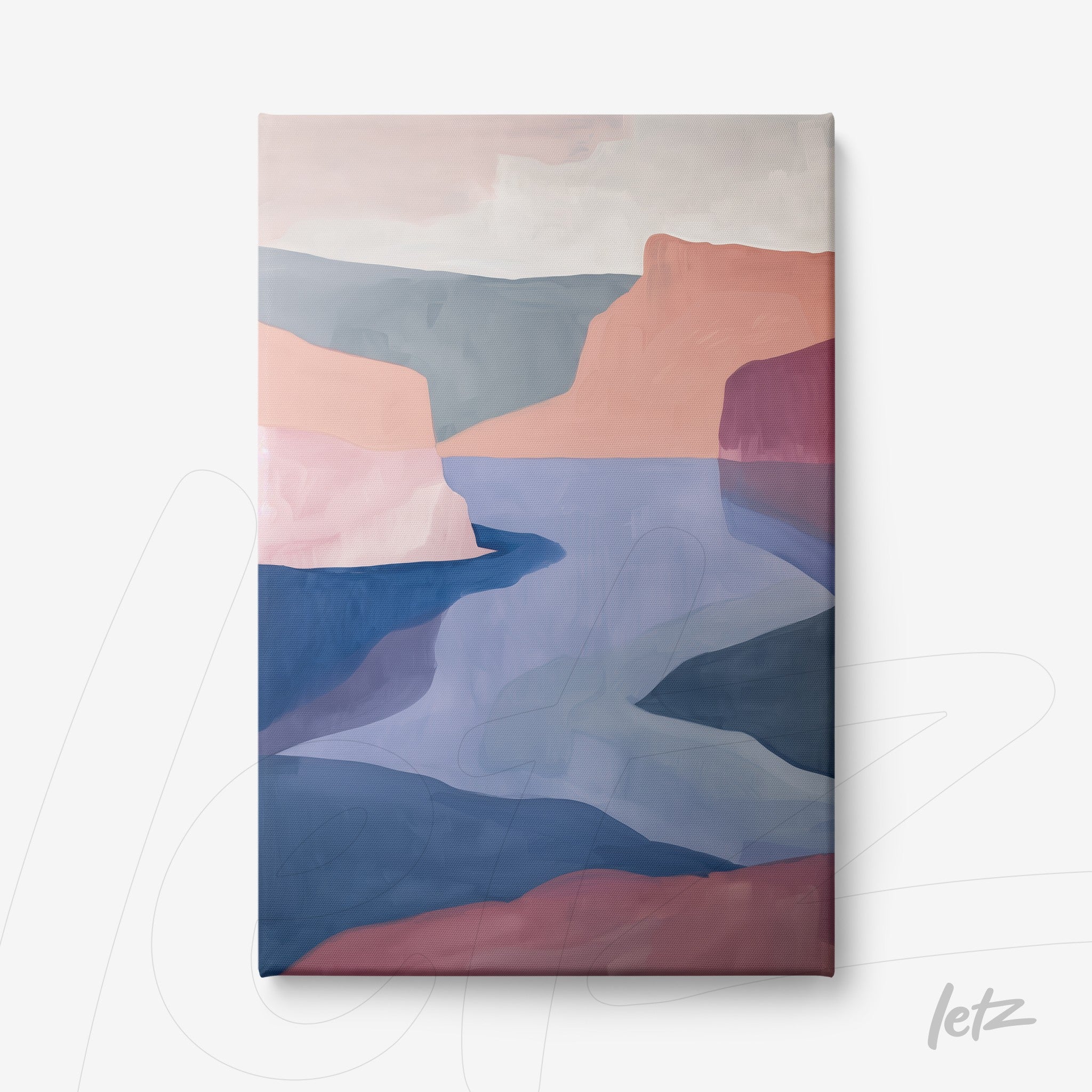 quadro em canvas com paisagem abstrata em tons suaves de rosa e azul, apresentando montanhas e um rio tranquilo