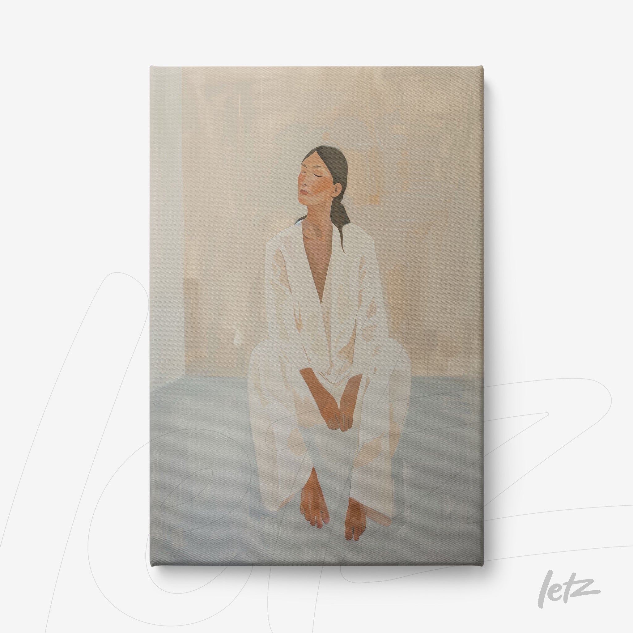quadro em canvas com ilustração de mulher sentada em pose contemplativa, vestindo roupa branca, fundo suave em tons neutros