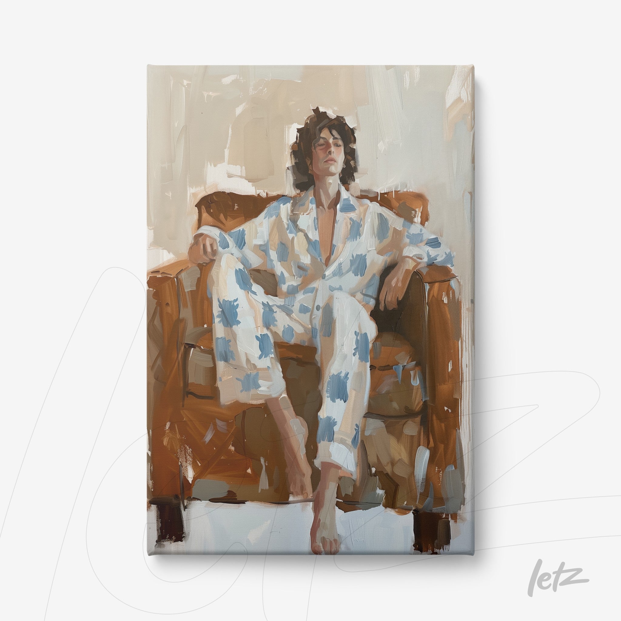 quadro em canvas com retrato de homem relaxando em sofá marrom usando pijama azul com manchas brancas