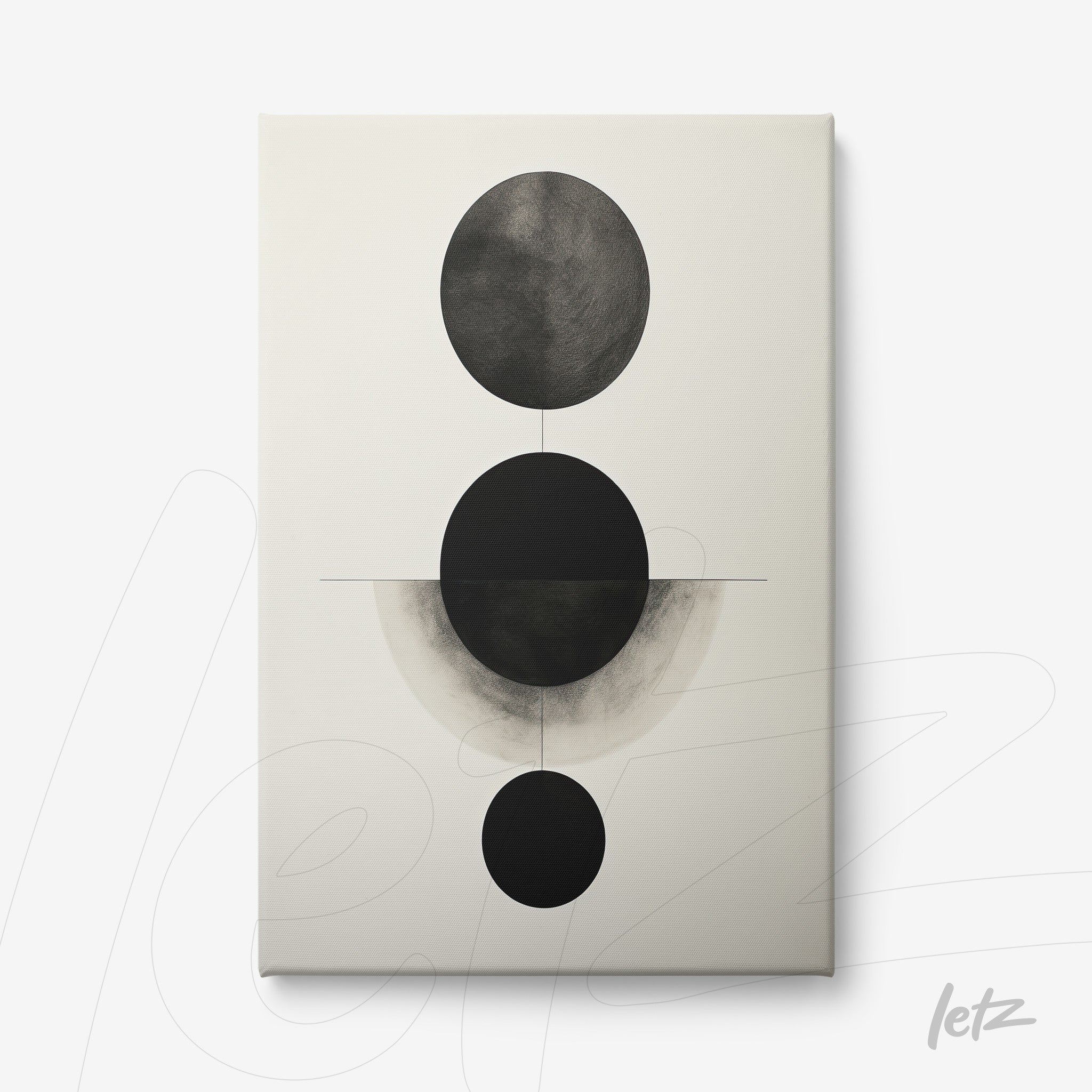 quadro em canvas com arte abstrata em preto e branco, apresentando círculos de diferentes tamanhos sobre fundo claro