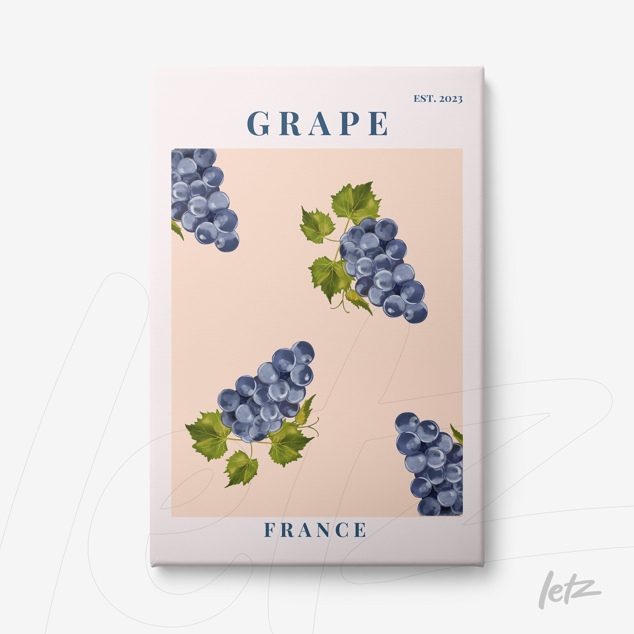 quadro com ilustração de cachos de uvas azuis sobre fundo rosa claro com texto em azul