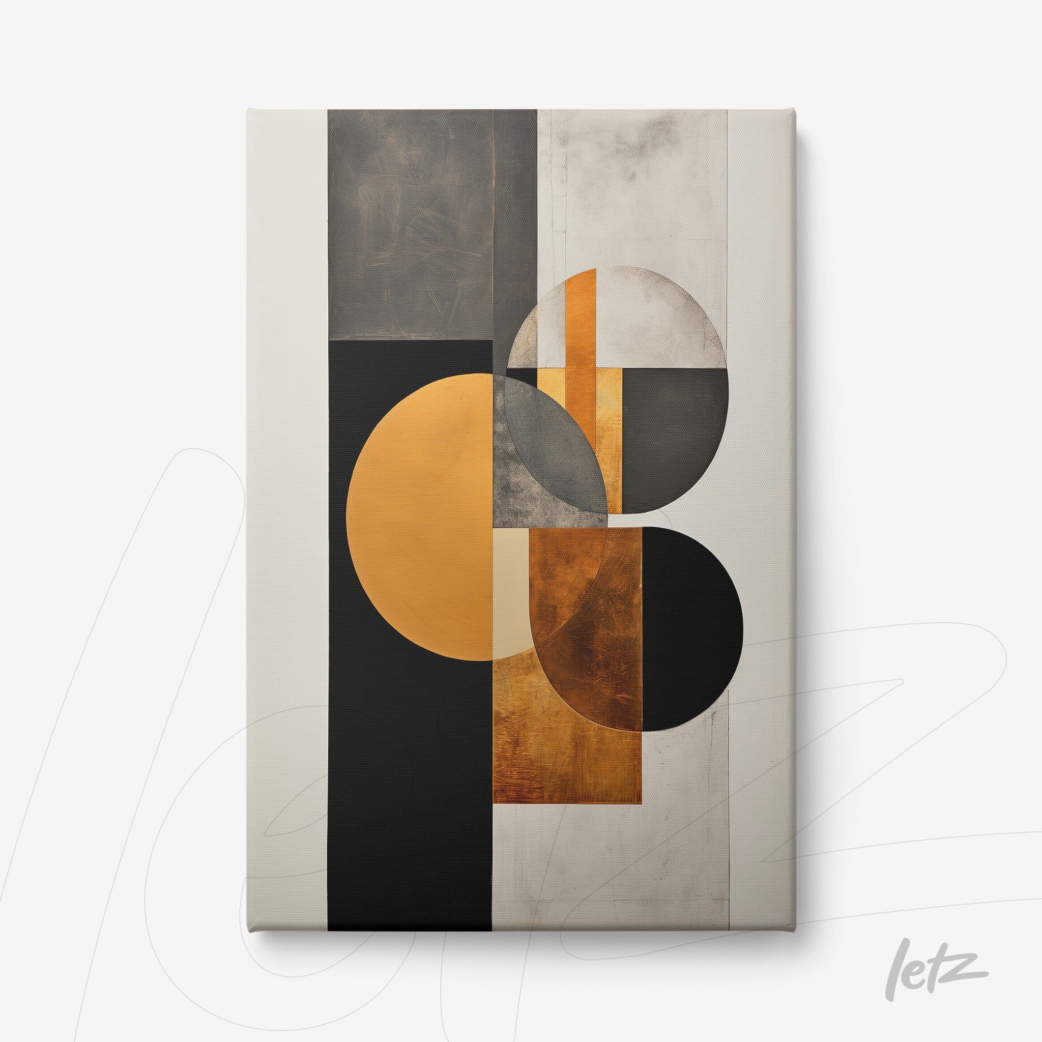 quadro em canvas com composição geométrica moderna em tons de preto, ouro e cinza, destacando formas circulares e retangulares