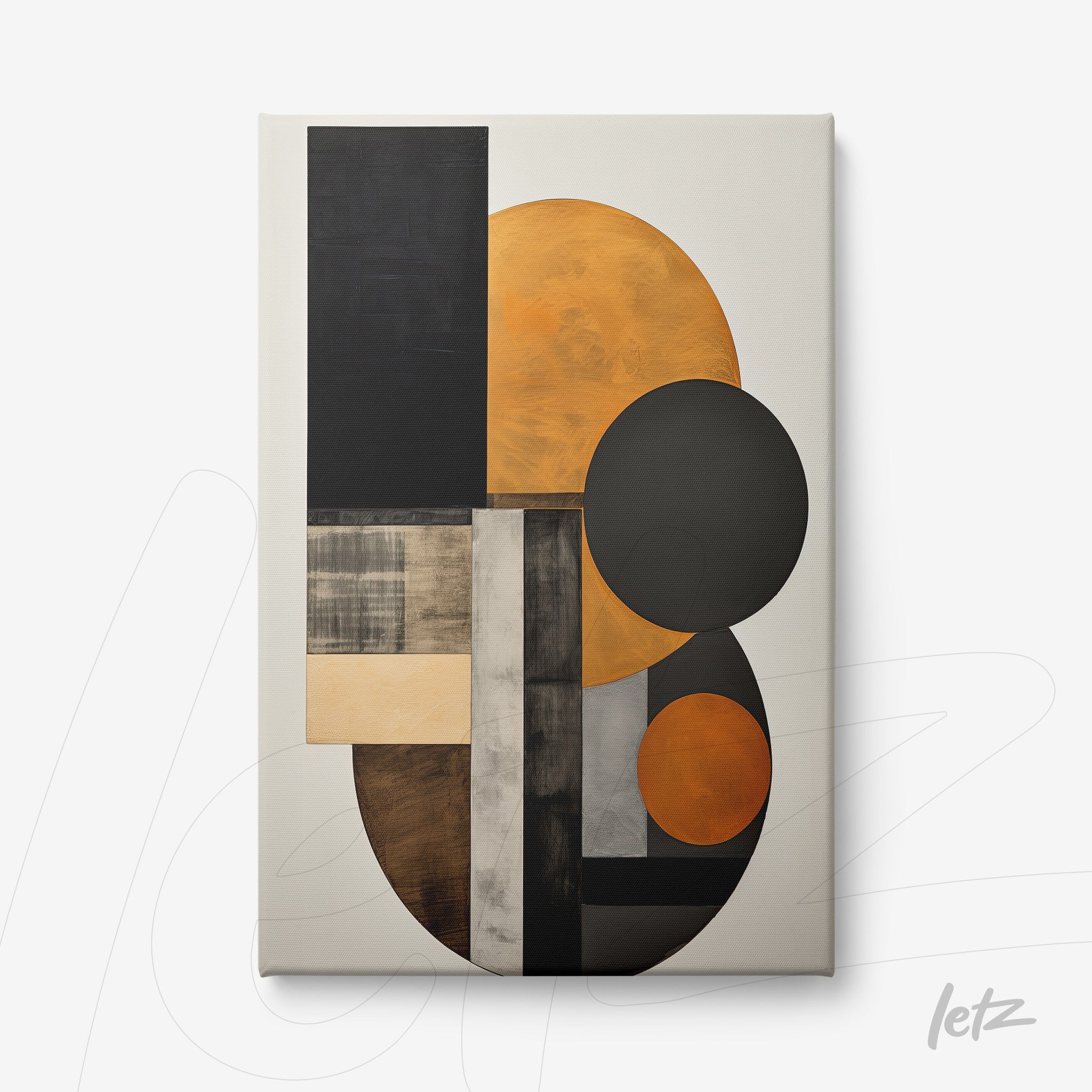 quadro em canvas com arte abstrata composta por formas geométricas em tons terrosos e fundo claro