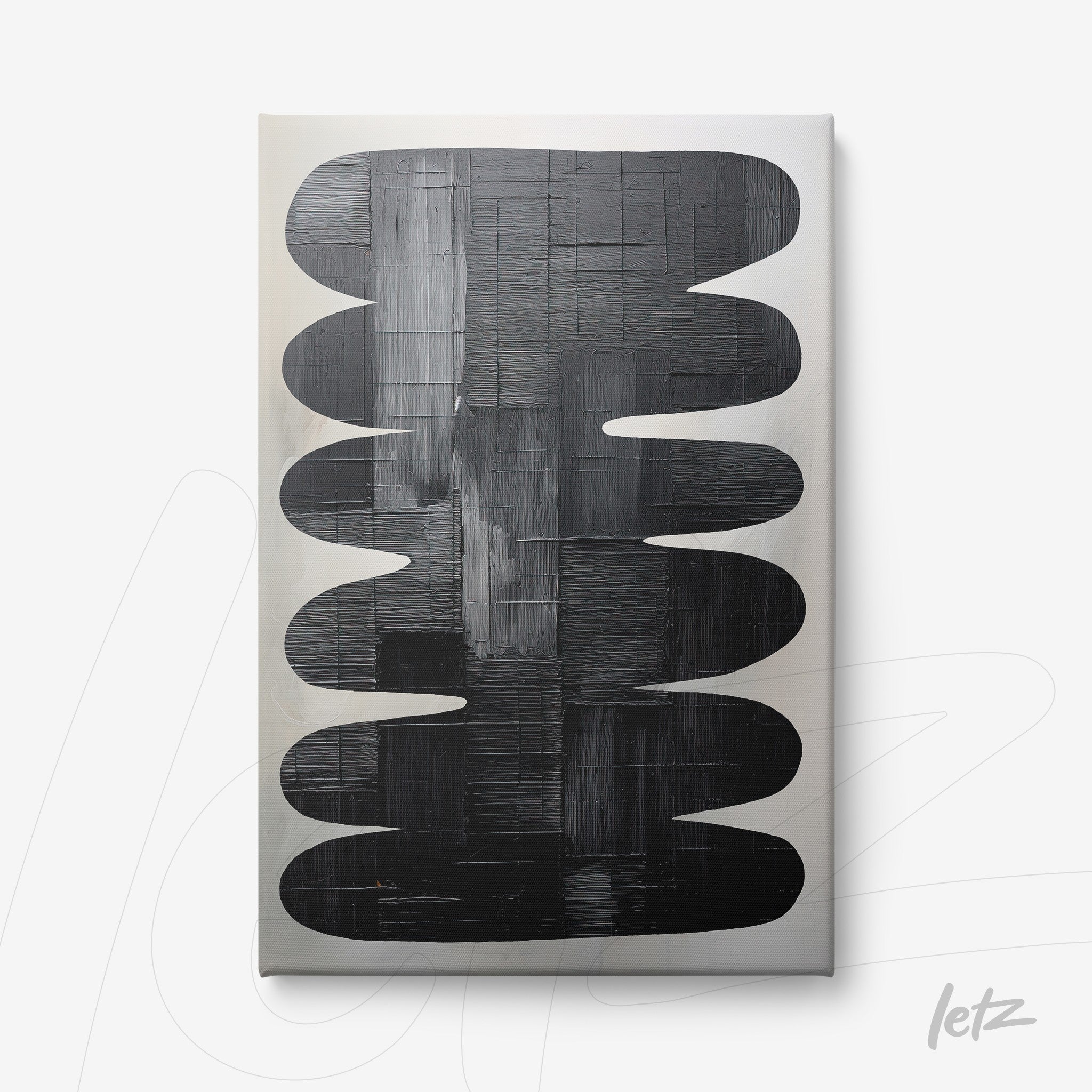 quadro em canvas com arte abstrata em tons de preto e cinza sobre fundo claro com formas curvas