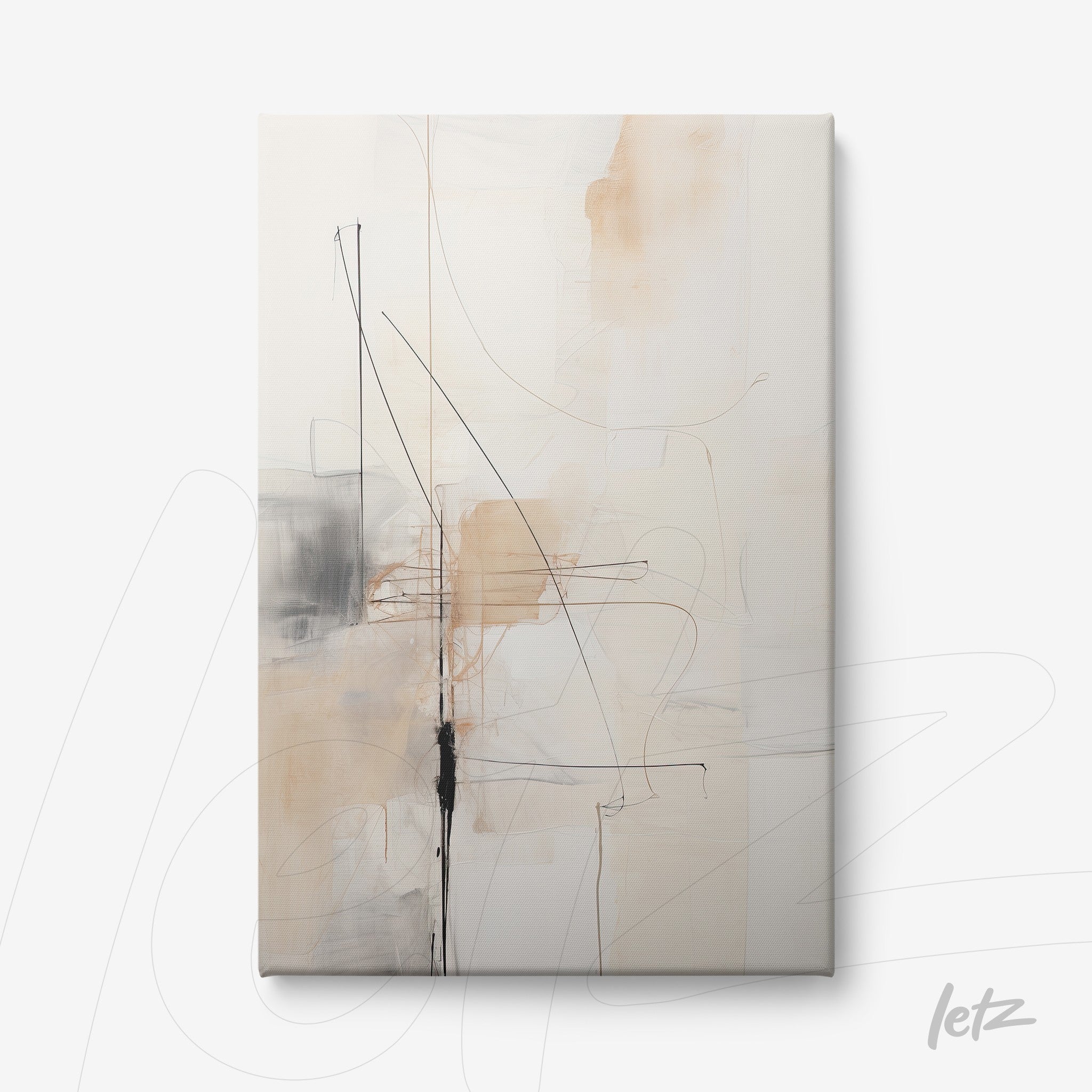quadro em canvas com arte abstrata em tons neutros e linhas pretas sobre fundo claro