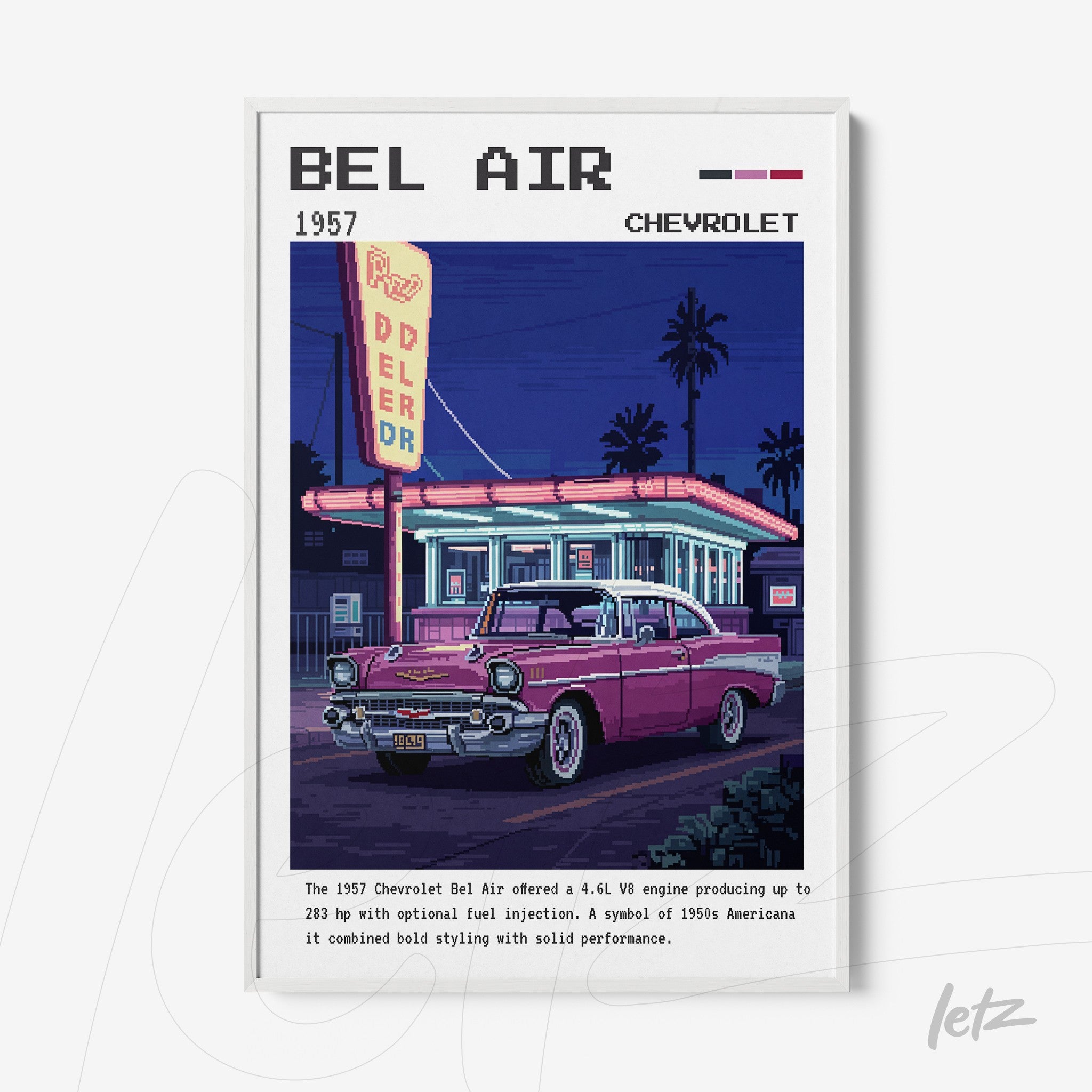 quadro com arte digital retrô de um Chevrolet Bel Air 1957 em uma estação de serviço, apresentando cores vibrantes em uma moldura branca
