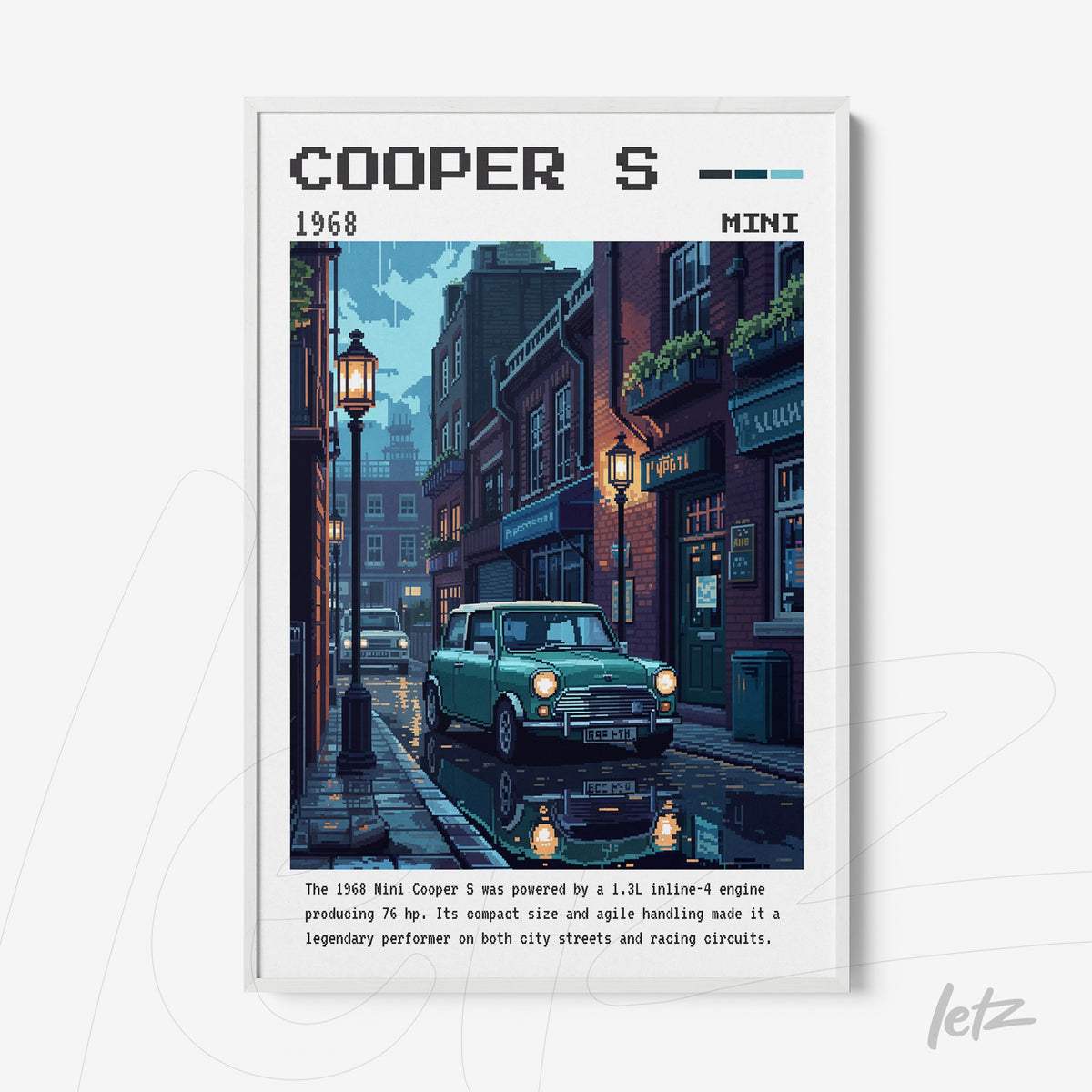 quadro com arte digital retrô do carro Mini Cooper S de 1968 em uma rua iluminada à noite