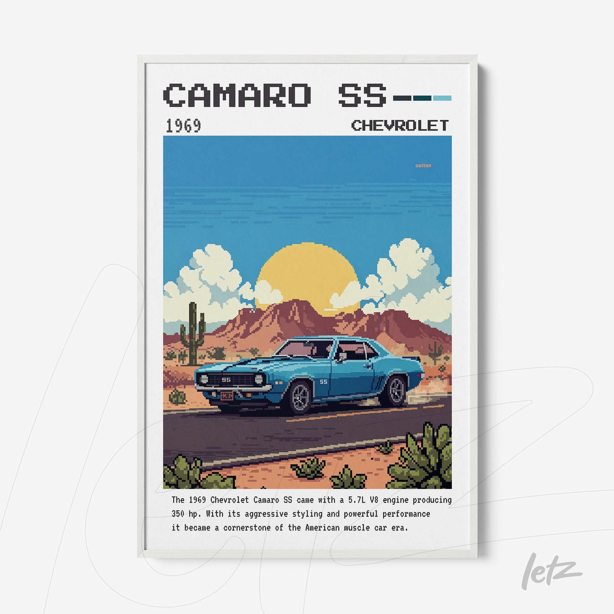 quadro com arte digital do carro Camaro SS de 1969 em estilo pixel art, moldura branca e fundo com montanhas e cactos