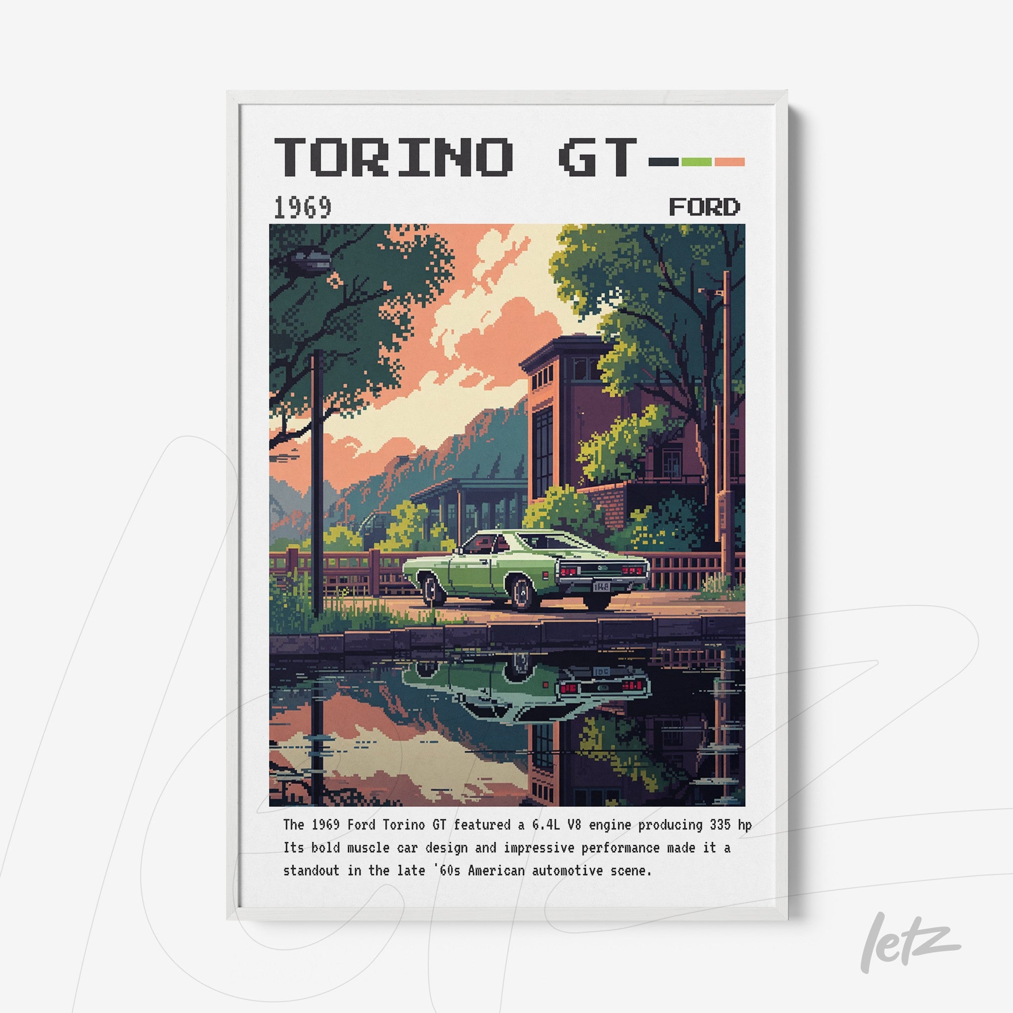 quadro com arte retrô do carro Ford Torino GT de 1969 em uma paisagem reflete na água