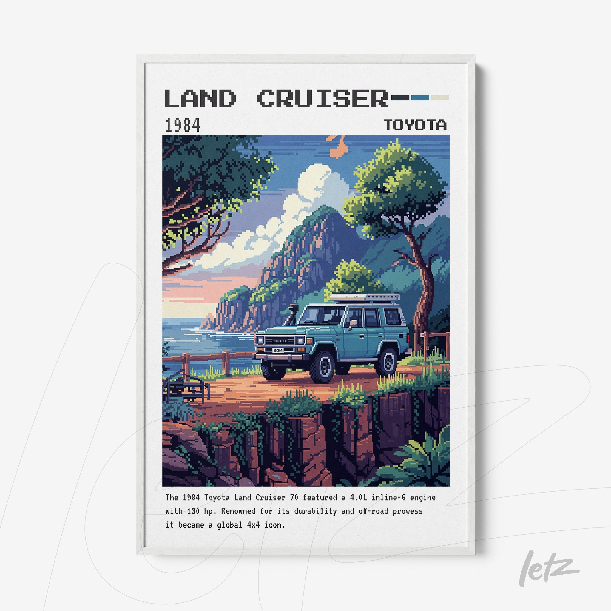 quadro com arte digital retrô do carro Toyota Land Cruiser 1984 em fundo de natureza montanhosa