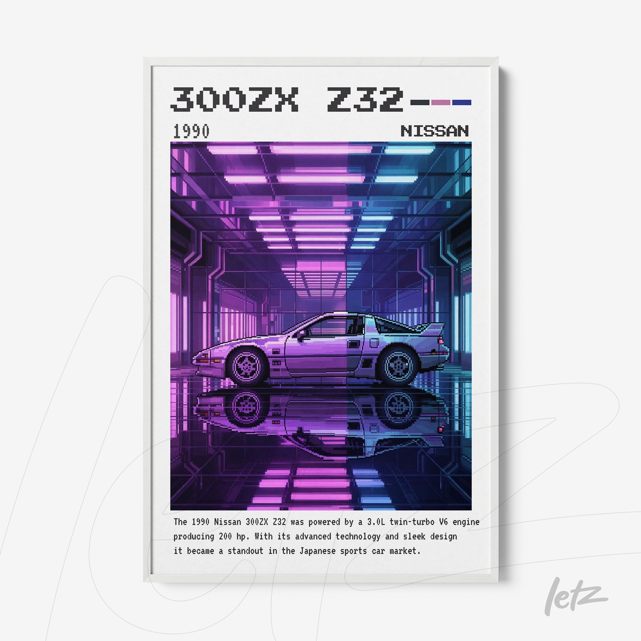 quadro com arte futurista do Nissan 300ZX Z32 em moldura branca com fundo colorido em neon