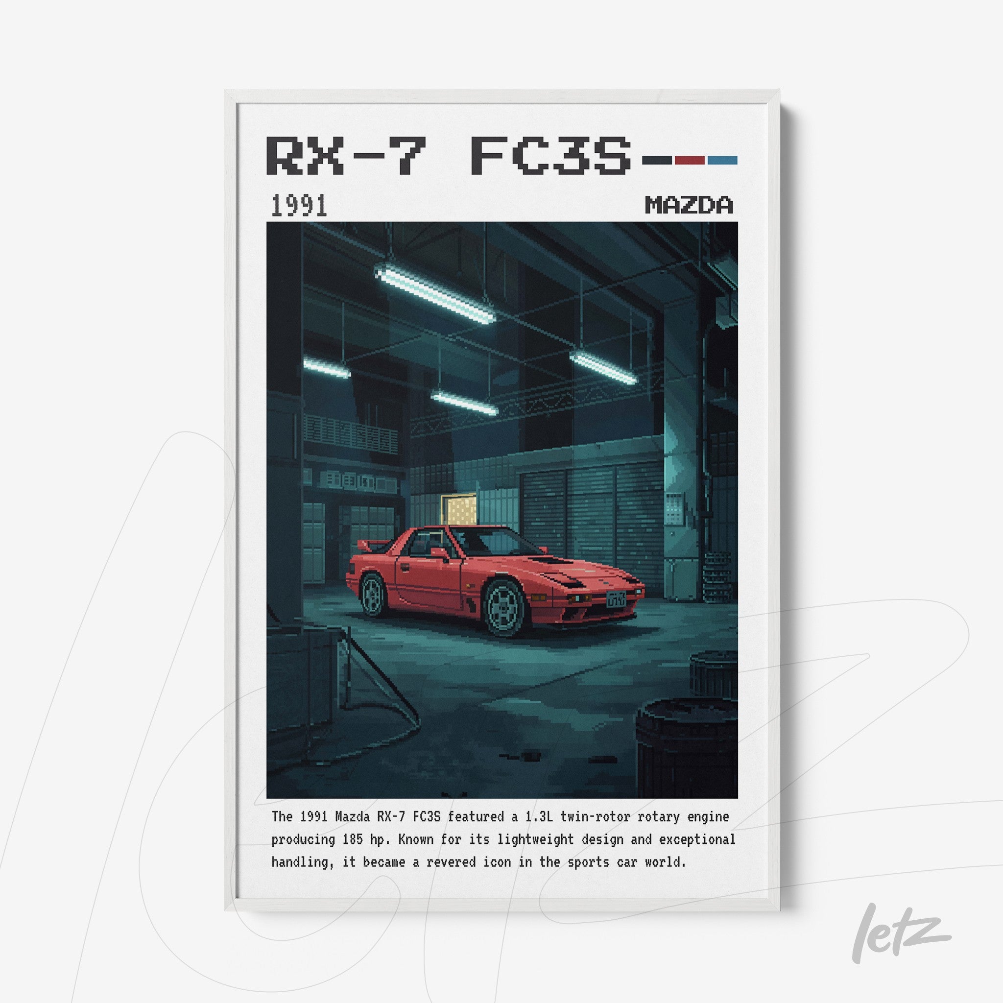 quadro com arte digital de um carro Mazda RX-7 FC3S vermelho em um ambiente de oficina, com detalhes em cores sóbrias