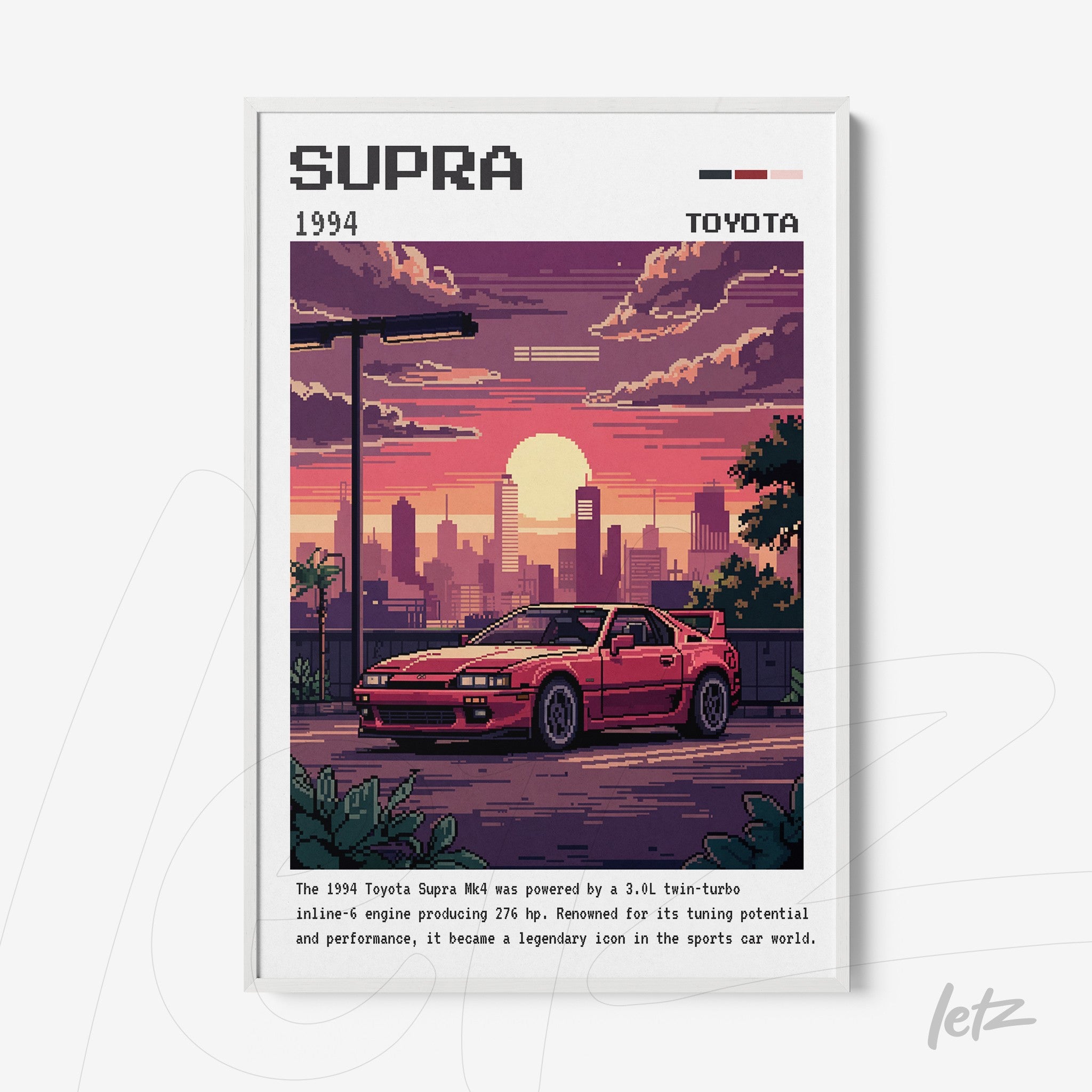 quadro com arte pixelada de um carro esportivo Toyota Supra 1994 em moldura branca
