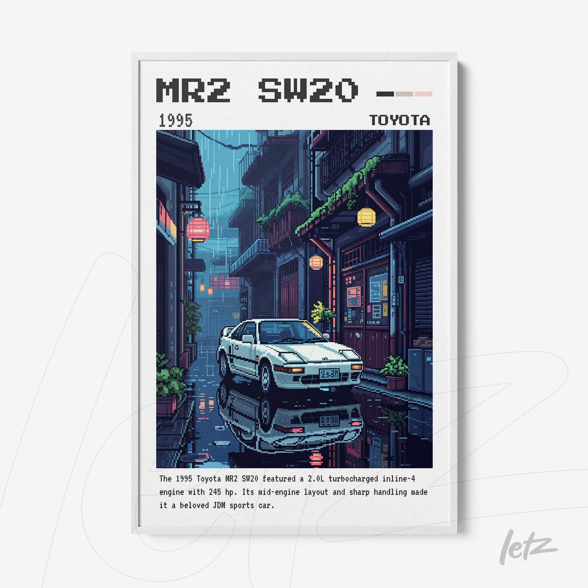 quadro emoldurado com arte no estilo pixel art de um carro Toyota MR2 de 1995 em rua urbana japonesa à noite