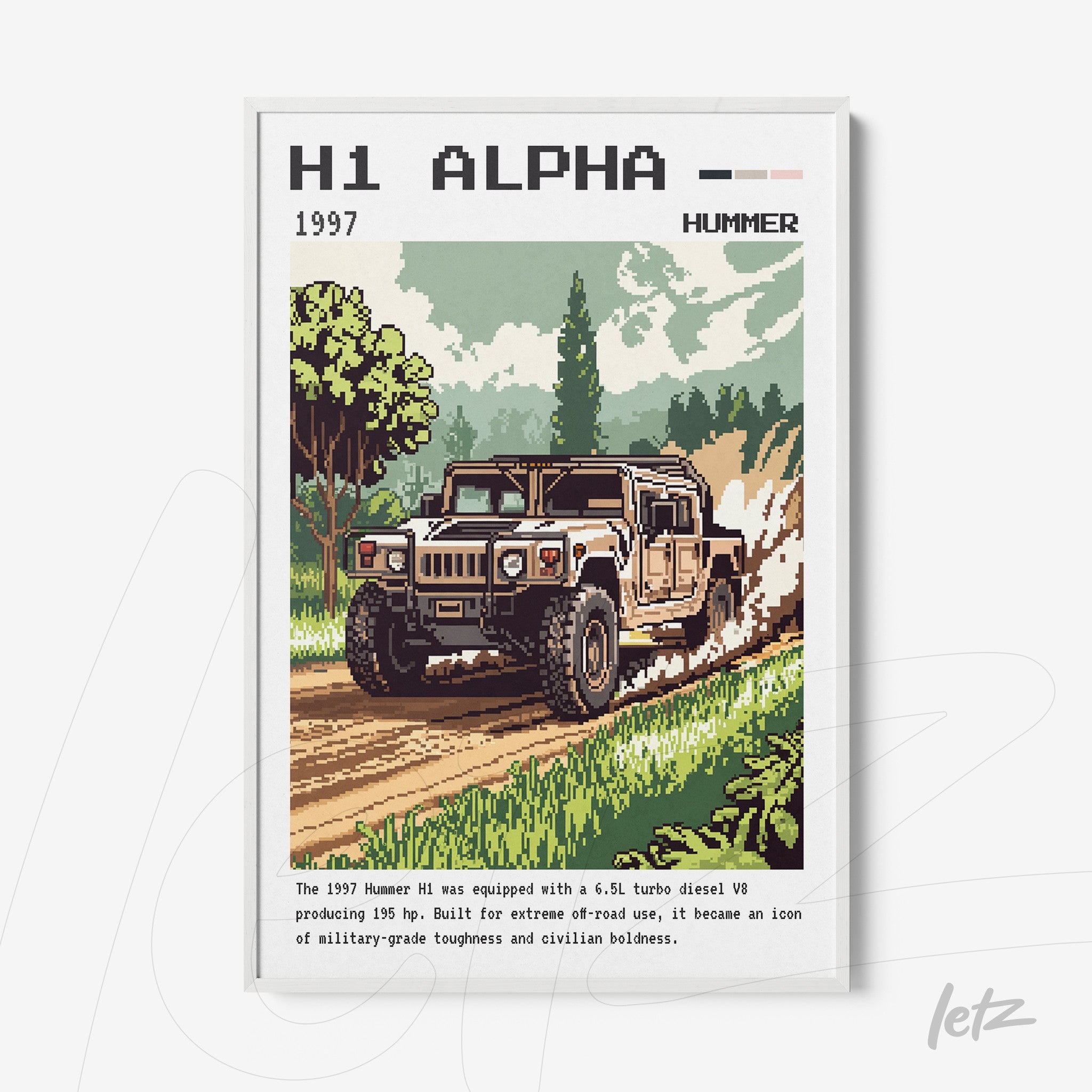quadro emoldurado com ilustração retro do Hummer H1, mostrando o veículo em uma estrada de terra com vegetação ao fundo