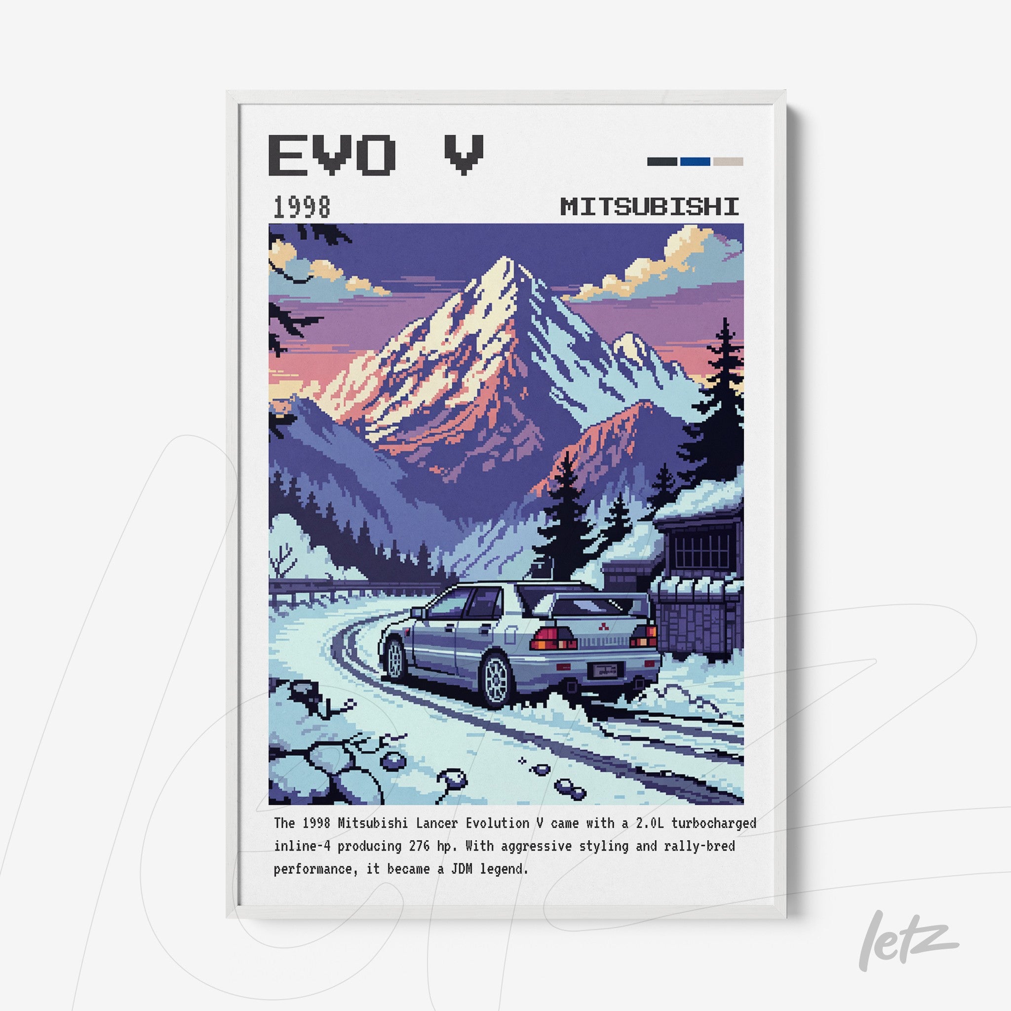 quadro com arte pixelada do Mitsubishi Lancer Evolution V em um cenário montanhoso, destacando uma montanha rosa ao fundo e detalhes em azul