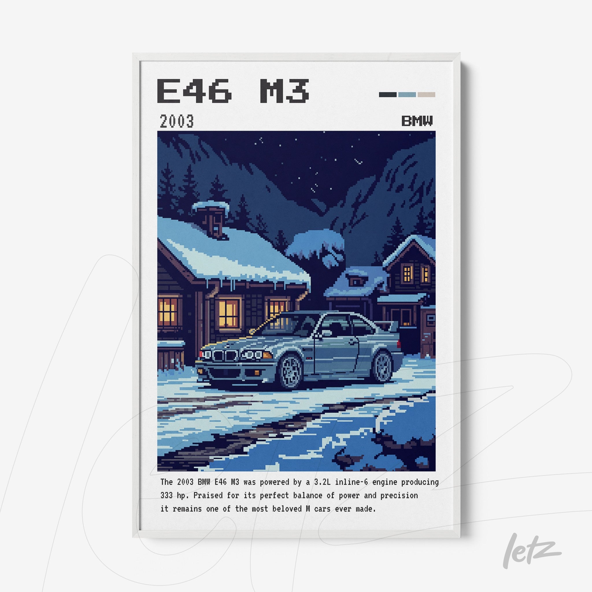 quadro com arte pixelada do BMW E46 M3 em uma paisagem de inverno com neve ao redor de uma casa