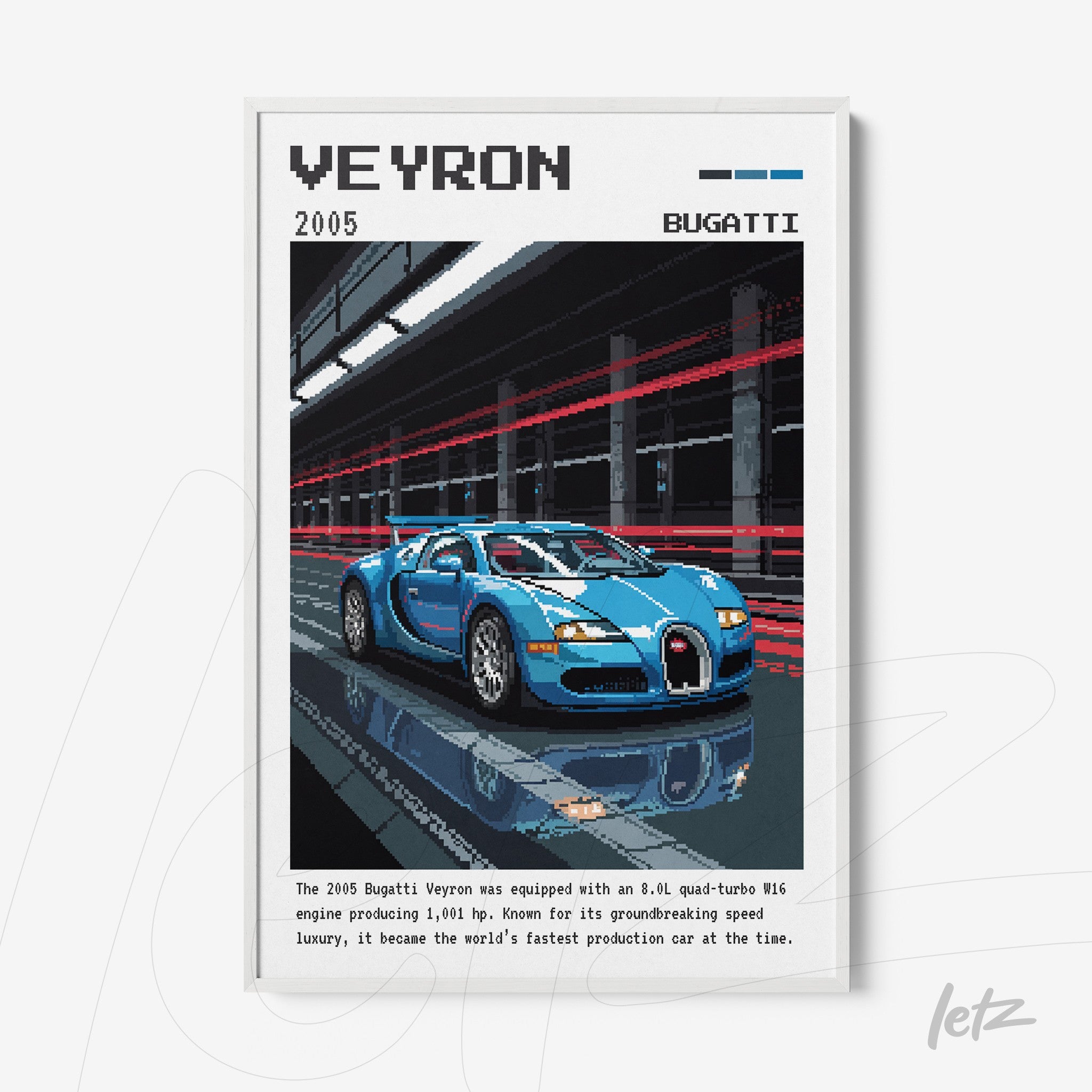 quadro com arte digital de apresentação de carro esportivo Bugatti Veyron em moldura branca