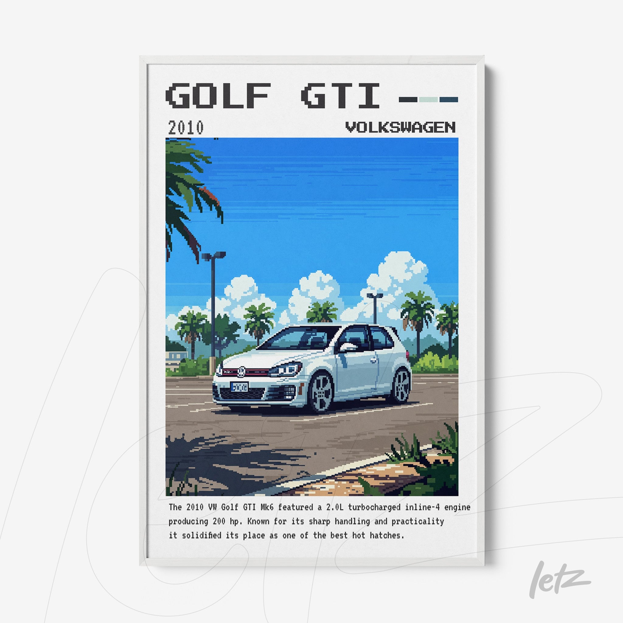 quadro com ilustração estilo pixel art do carro Volkswagen Golf GTI 2010 em moldura branca
