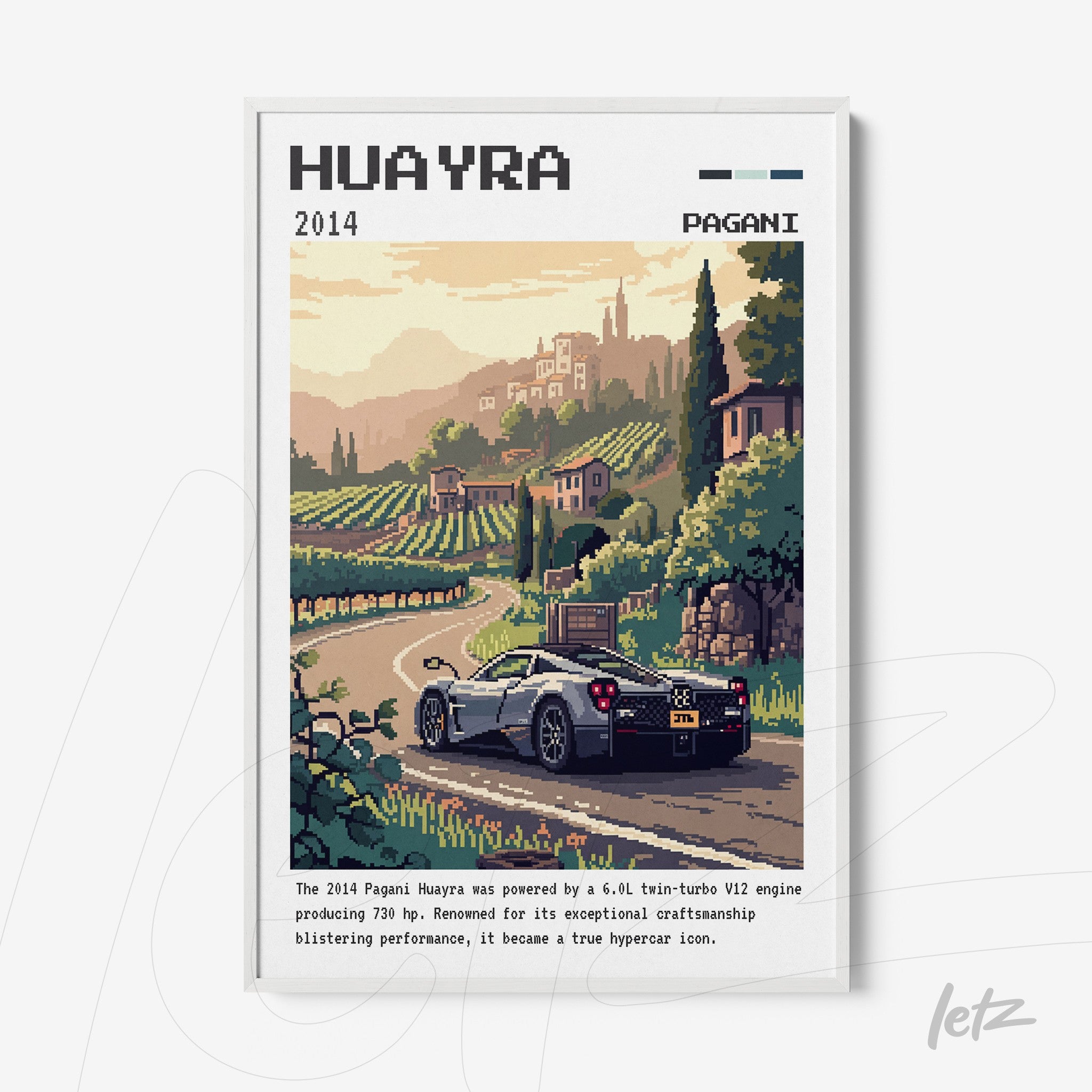 quadro com arte pixelizada de um carro huayra em uma estrada rural cercada por vinhedos, moldura branca