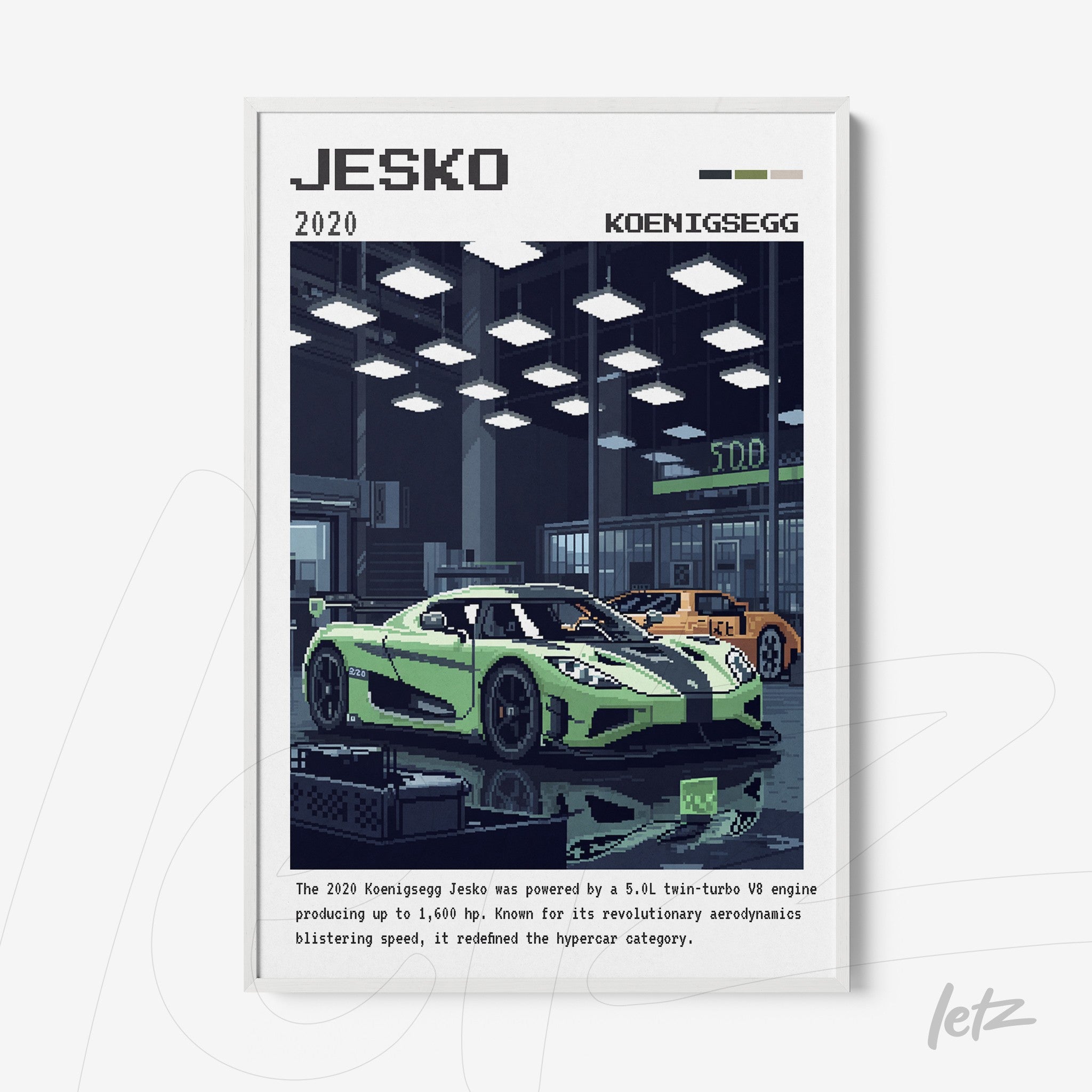 quadro com arte digital do carro Koenigsegg Jesko em uma oficina moderna, com fundo escuro e detalhes em verde neon