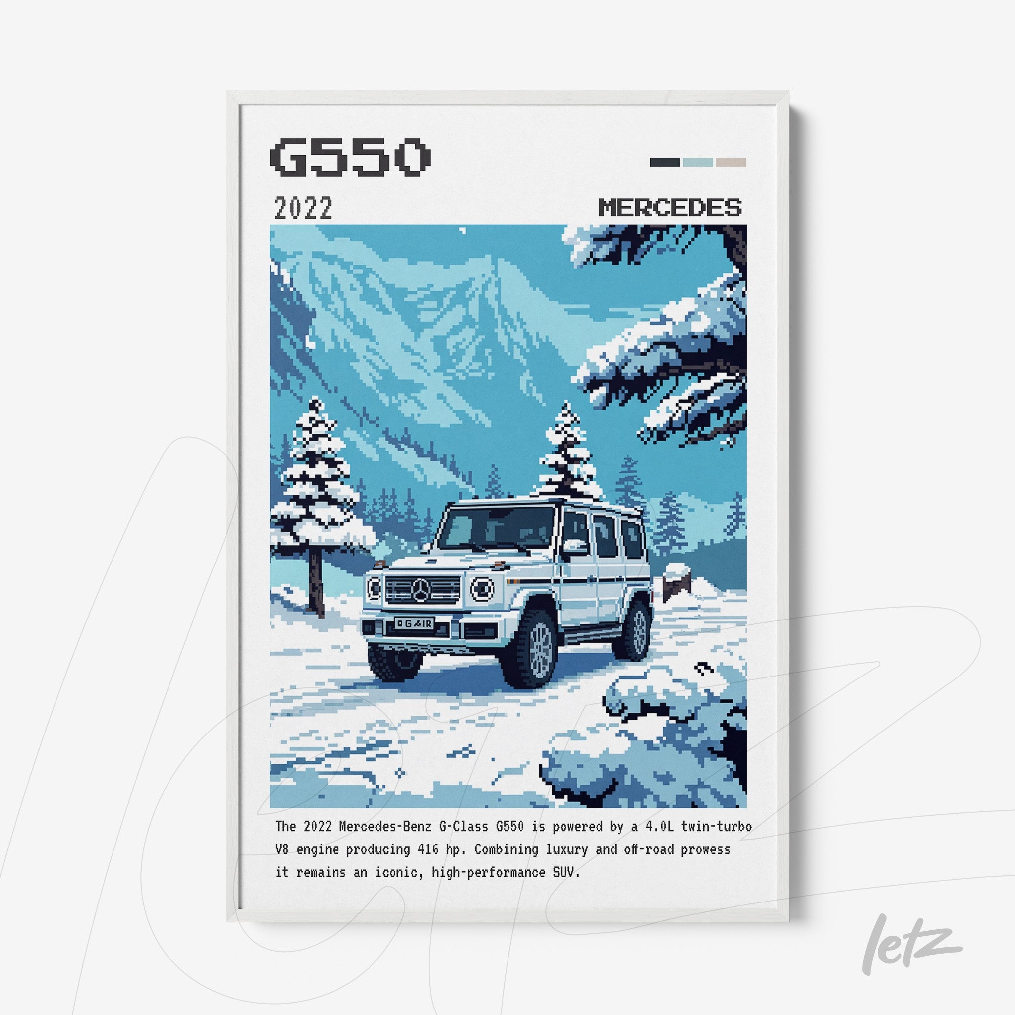 quadro com arte em pixel do Mercedes-Benz G-Class G550 em uma paisagem montanhosa azul