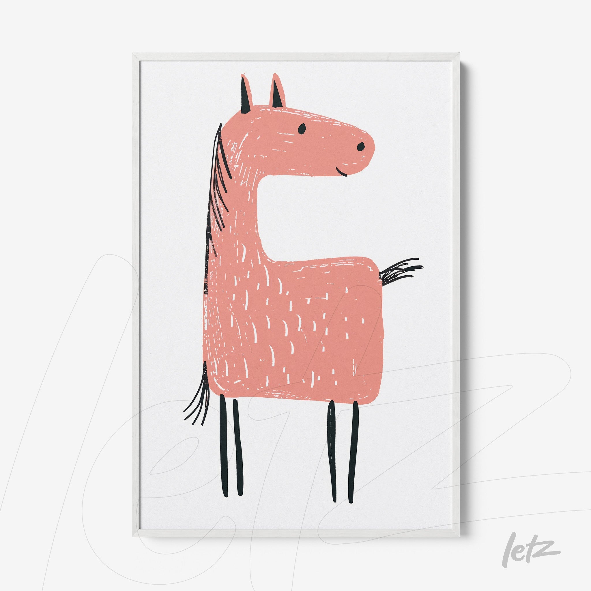 quadro com ilustração infantil de um cavalo rosa, com fundo branco e moldura branca