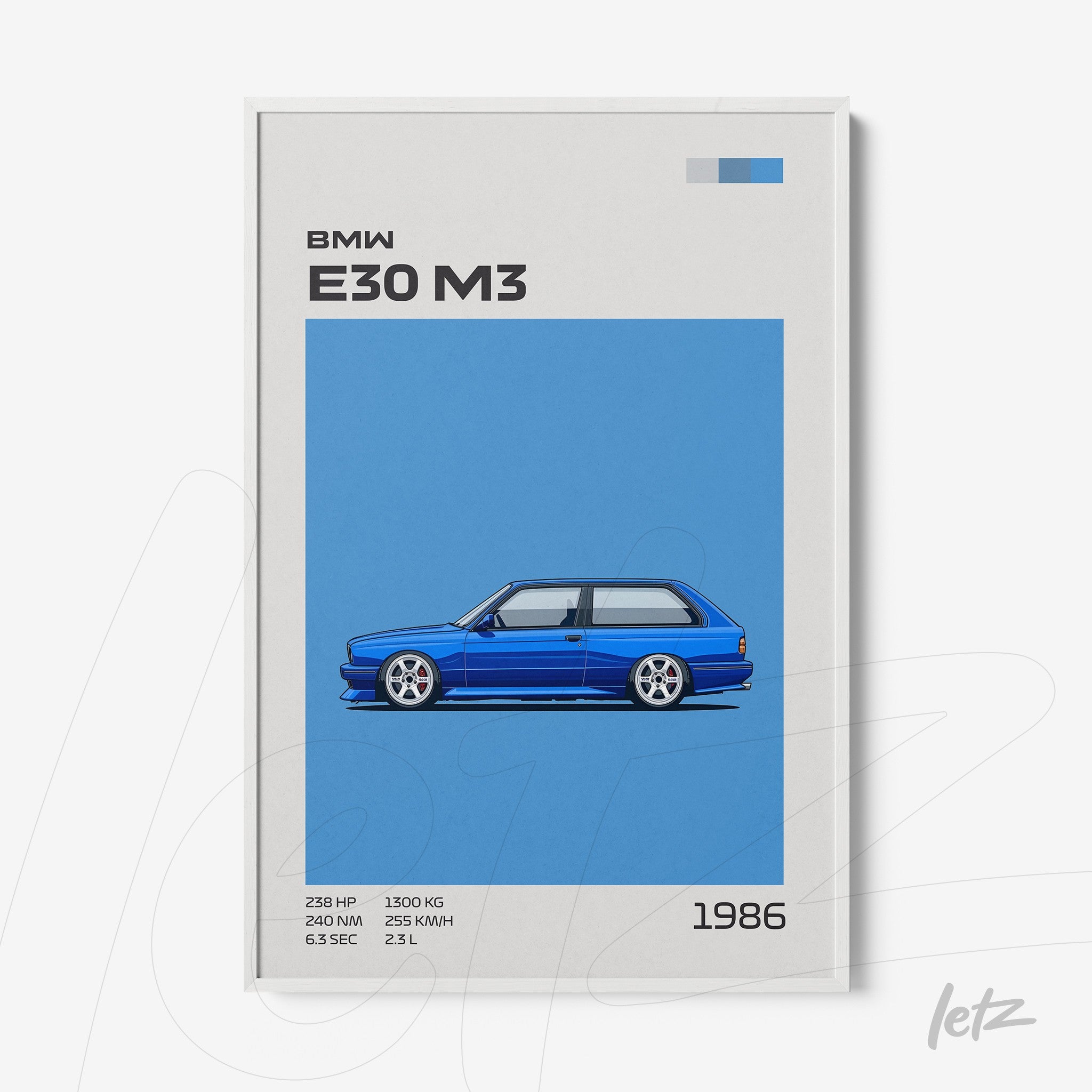 quadro com arte digital do carro BMW E30 M3 em fundo azul, apresentando detalhes gráficos e texto informativo
