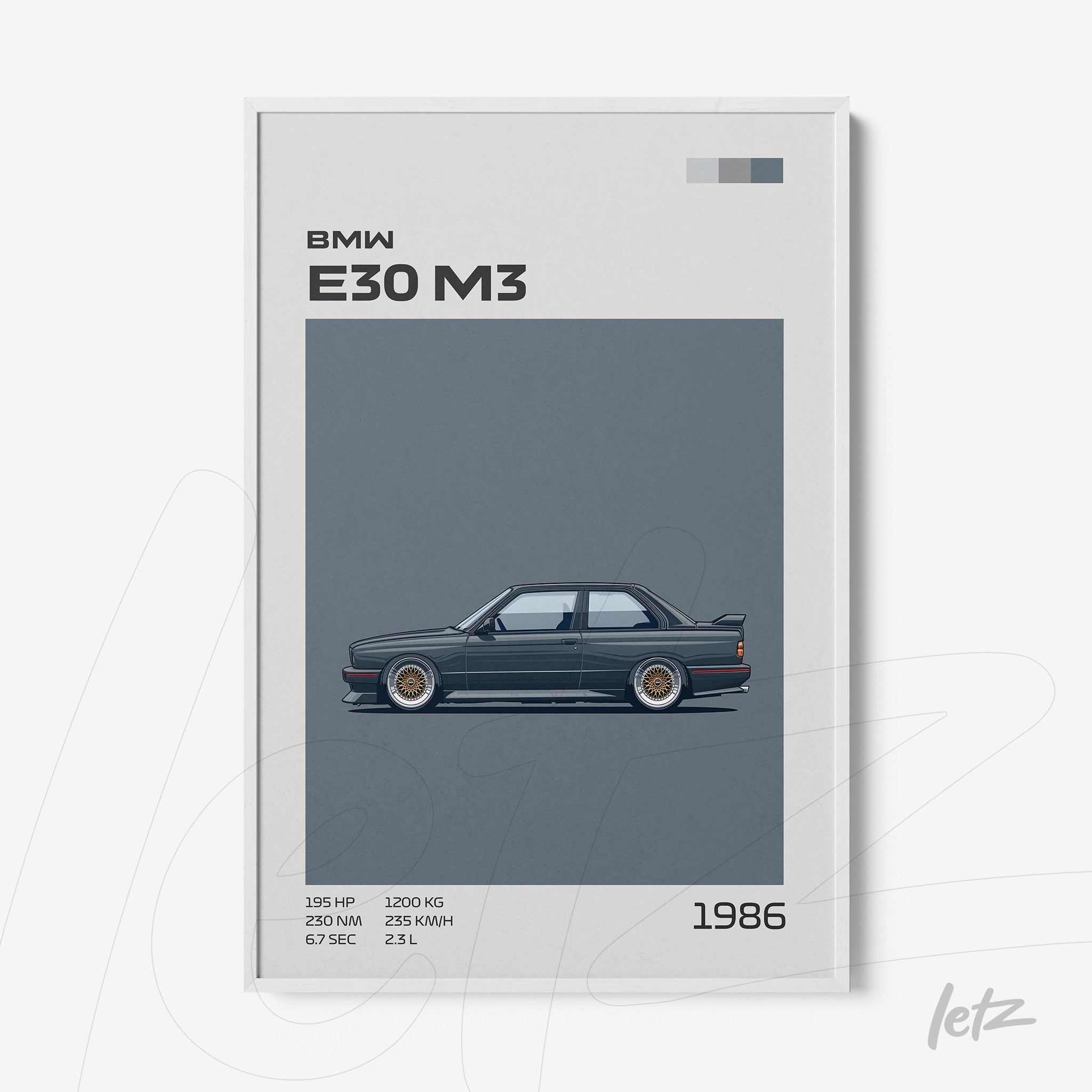 quadro com ilustração do carro BMW E30 M3 em estilo minimalista, moldura branca com fundo cinza