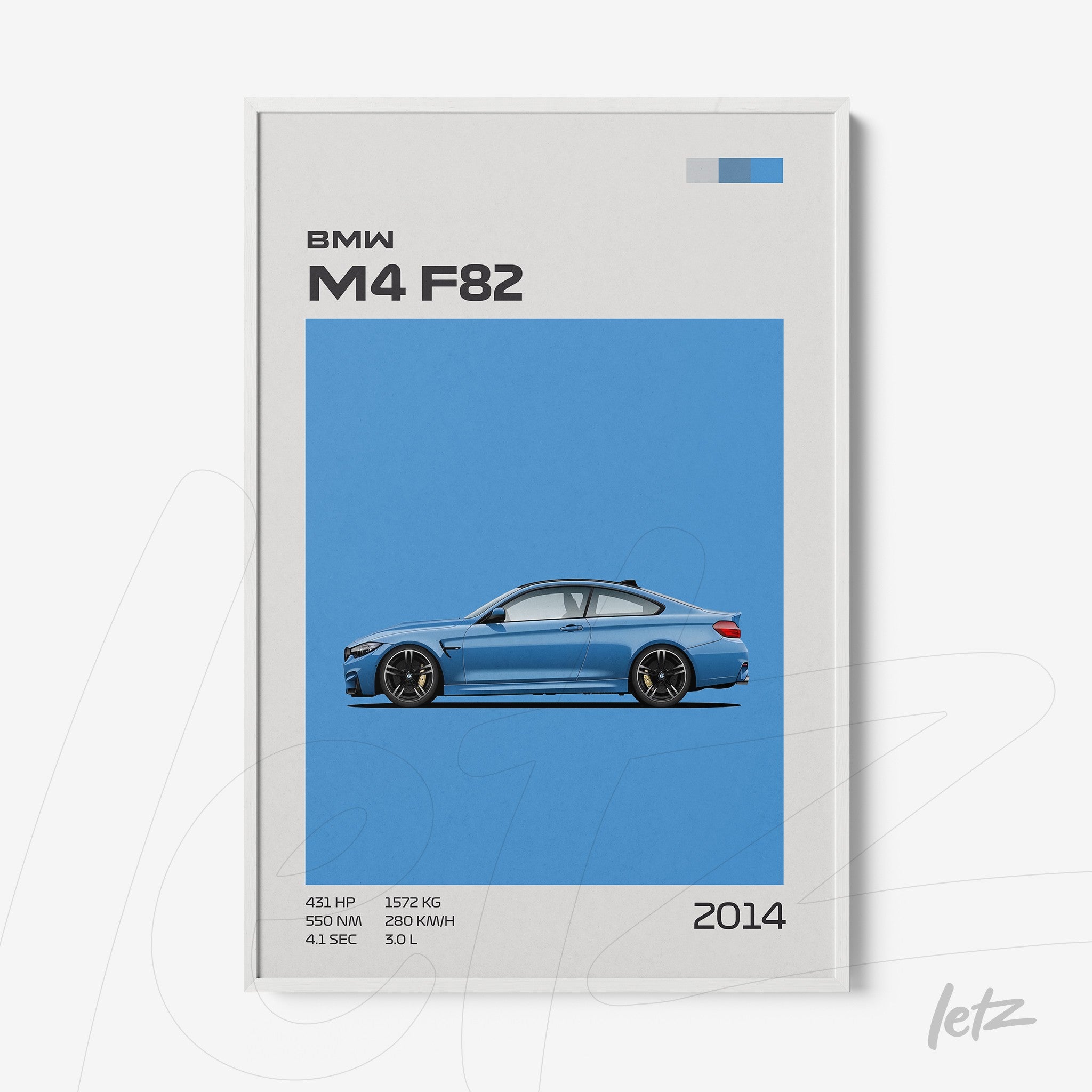 quadro com arte minimalista do carro BMW M4 F82 em fundo azul