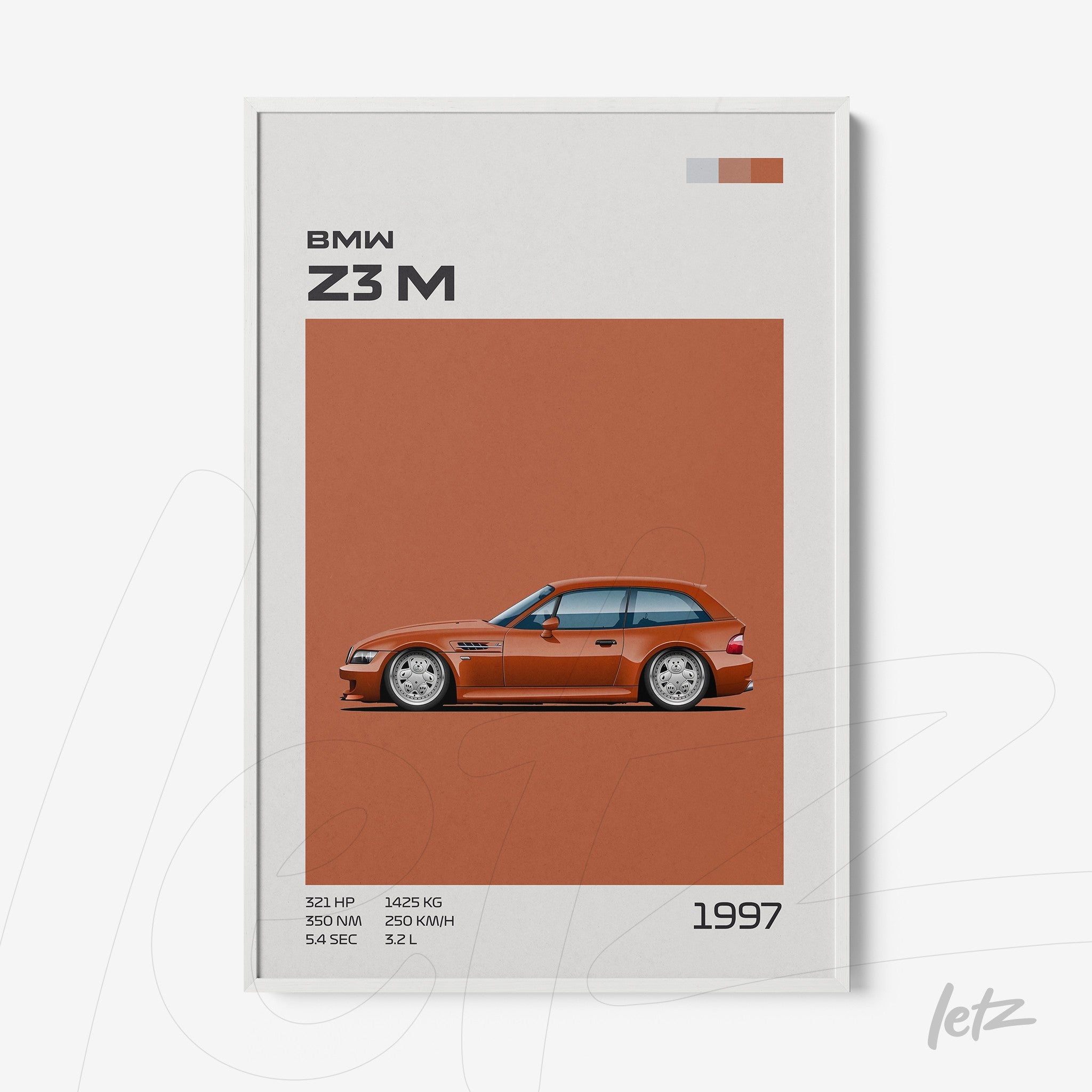 quadro com ilustração minimalista do carro BMW Z3M de 1997 em fundo laranja e moldura branca