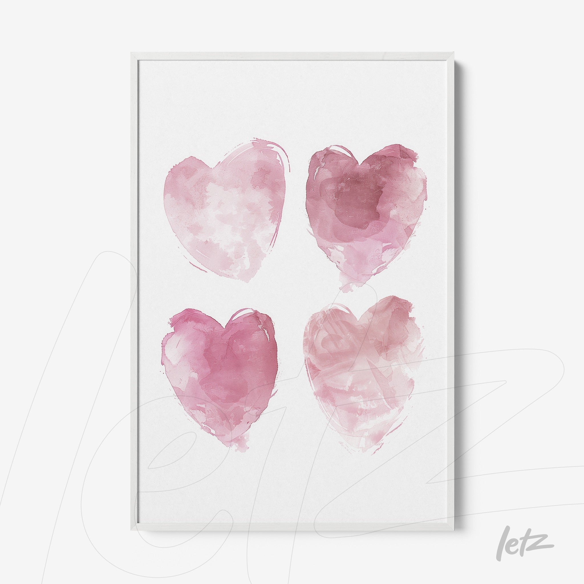 quadro com quatro corações em aquarela rosa sobre fundo branco com moldura branca