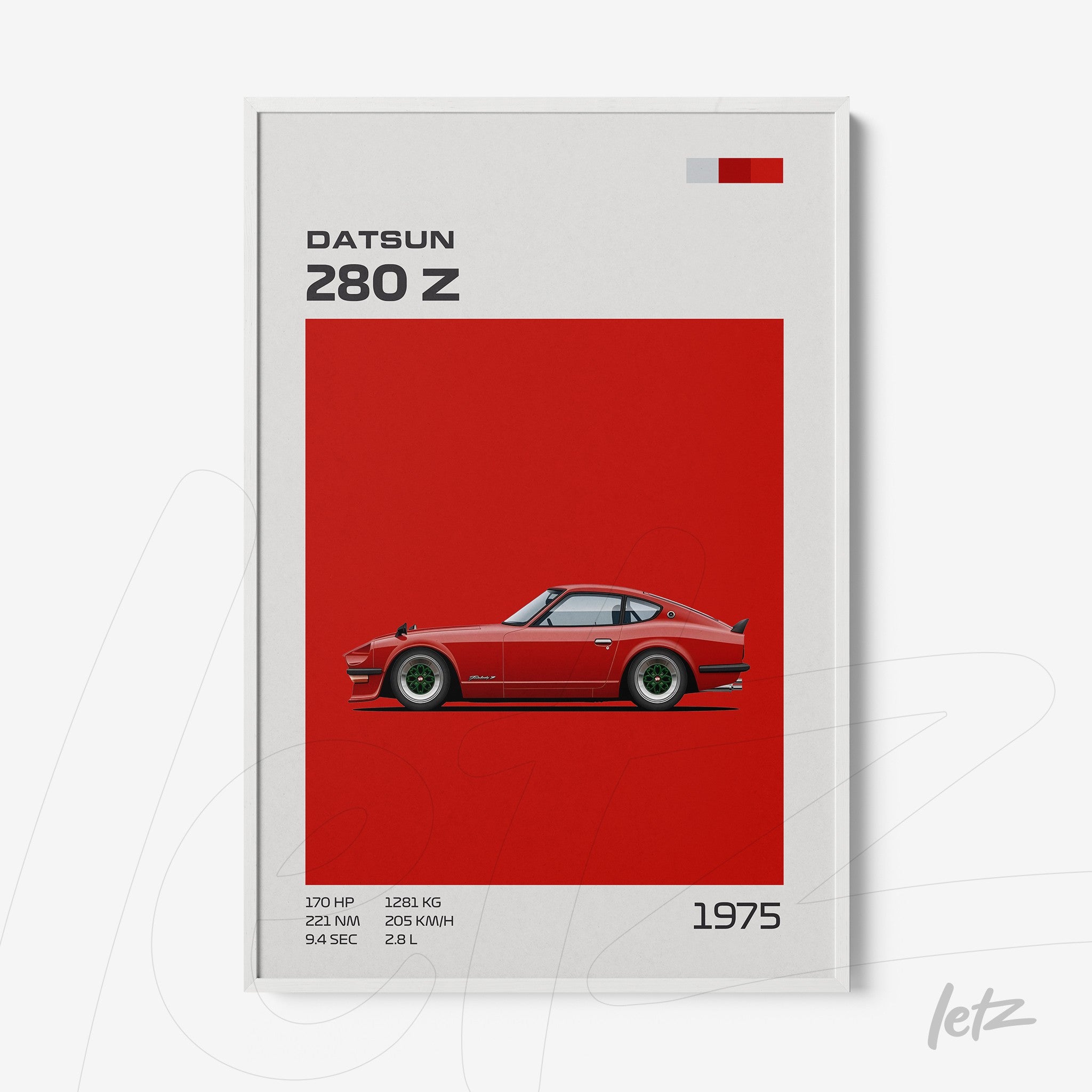 quadro com ilustração do carro Datsun 280 Z em fundo vermelho vibrante e moldura branca