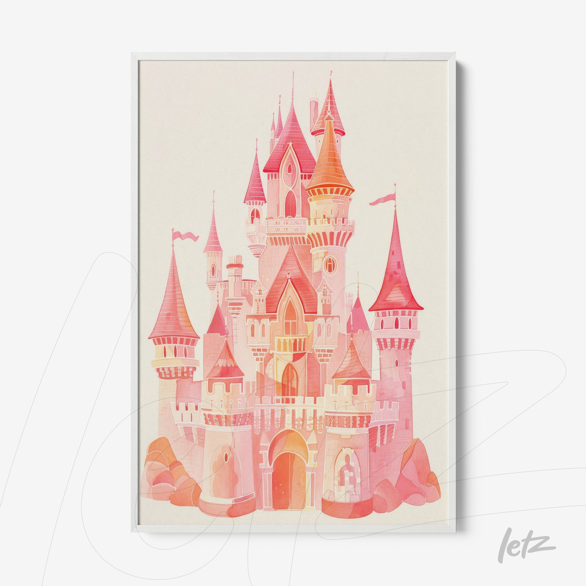 quadro com ilustração de castelo mágico em tons de rosa, moldura branca
