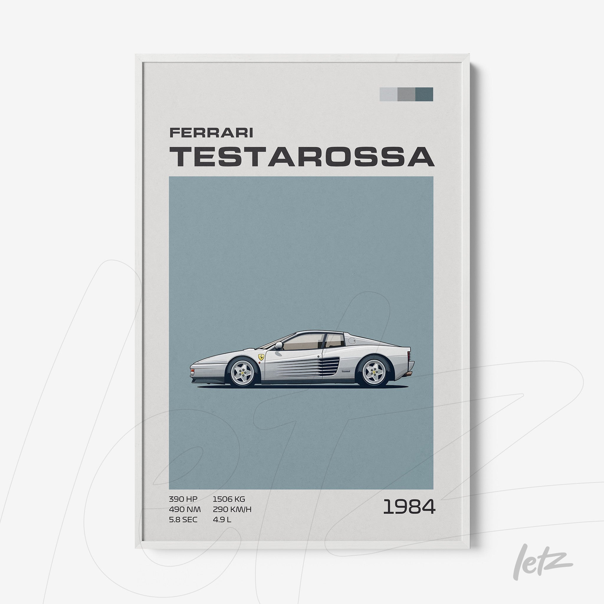 quadro em estilo minimalista da Ferrari Testarossa em moldura branca, destacando detalhes técnicos do carro ao fundo cinza