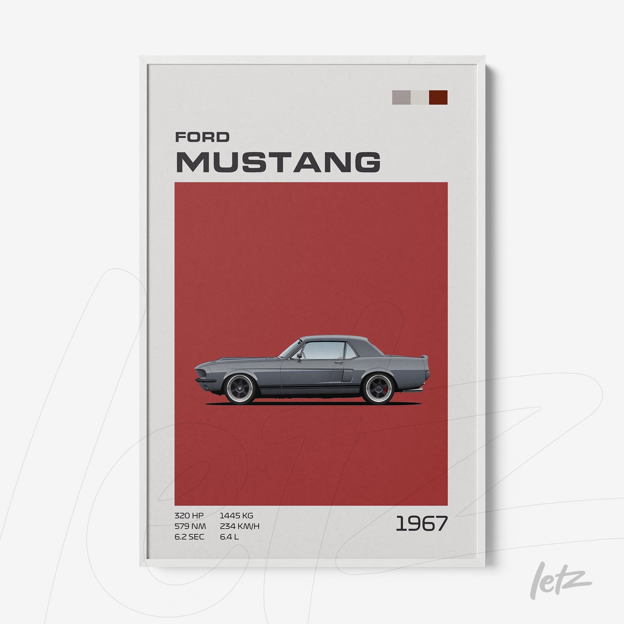 quadro com ilustração do Ford Mustang 1967 em fundo vermelho e moldura branca