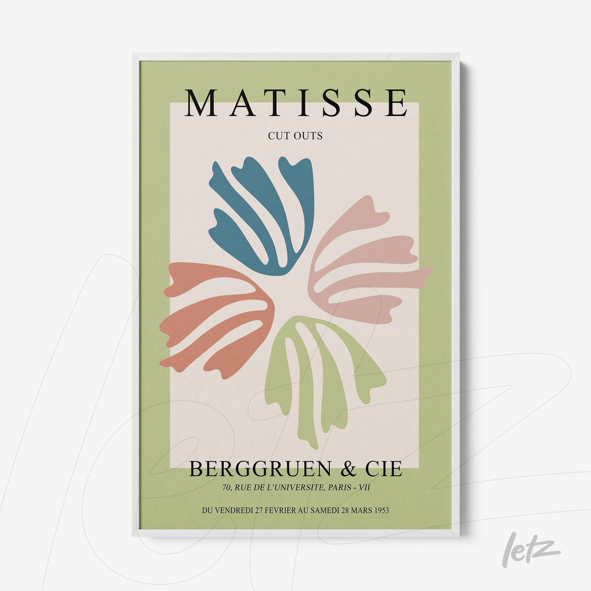 quadro com arte de recortes de Matisse em moldura branca com fundo verde claro
