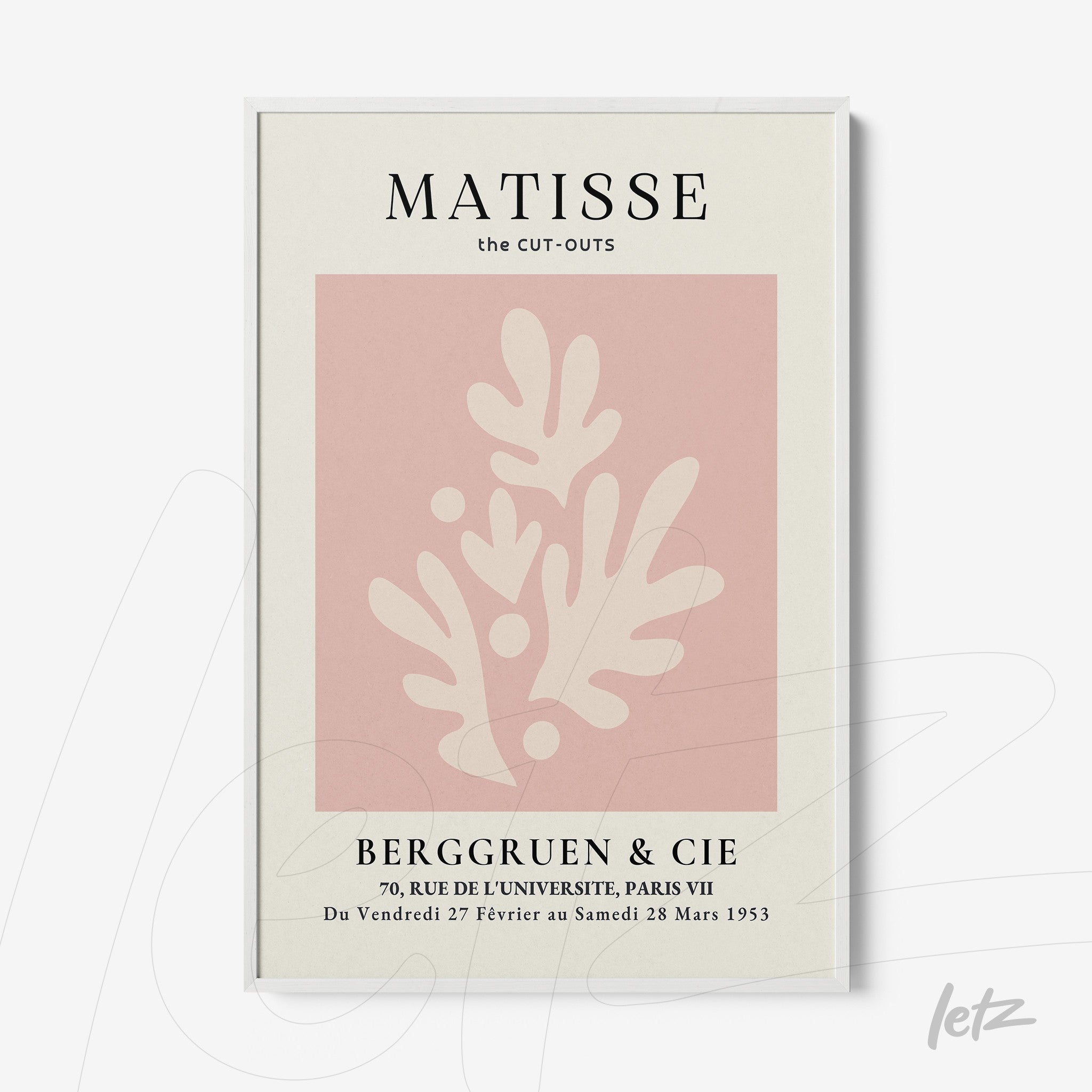 quadro com arte inspirada em Matisse, com fundo claro e formas abstratas em rosa, moldura branca