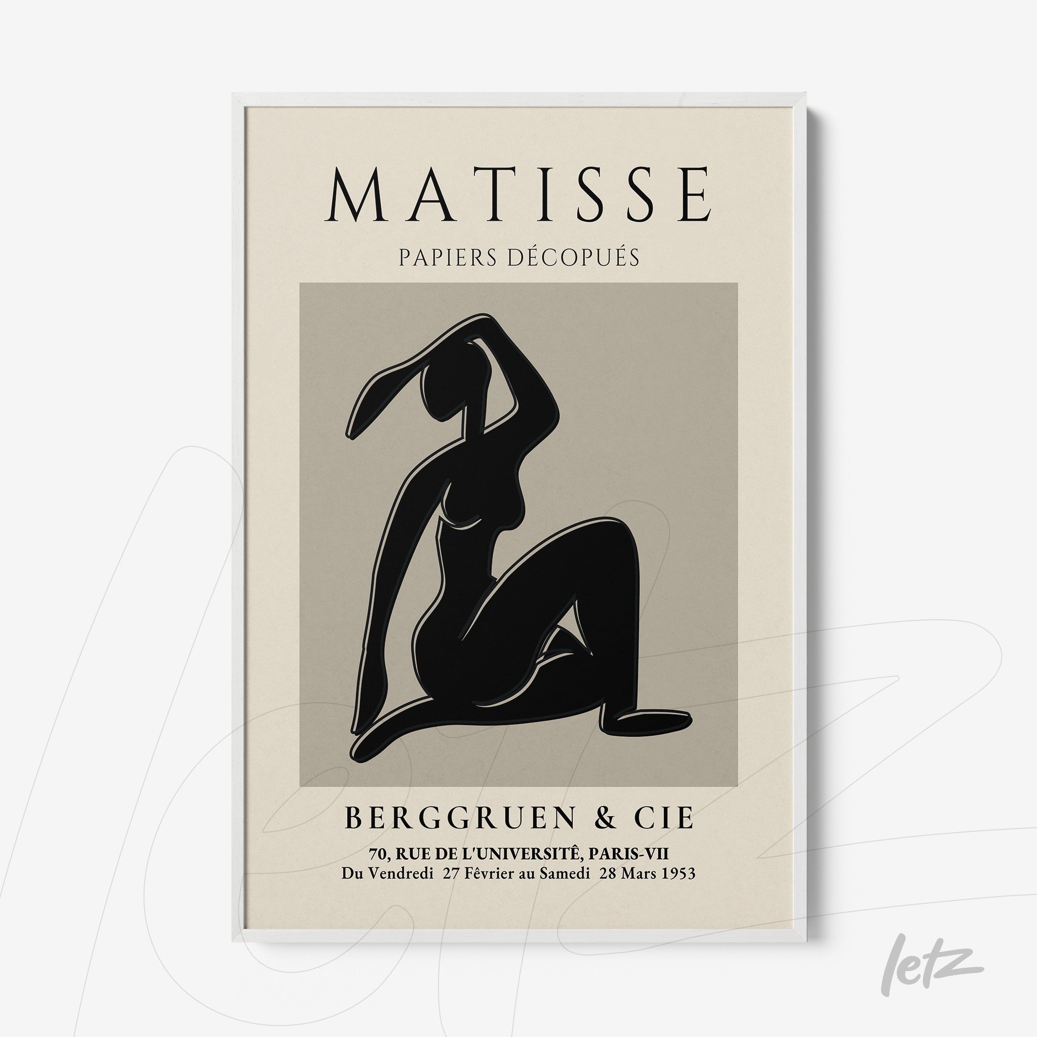 quadro com arte de silhueta feminina em estilo minimalista, moldura branca e fundo bege