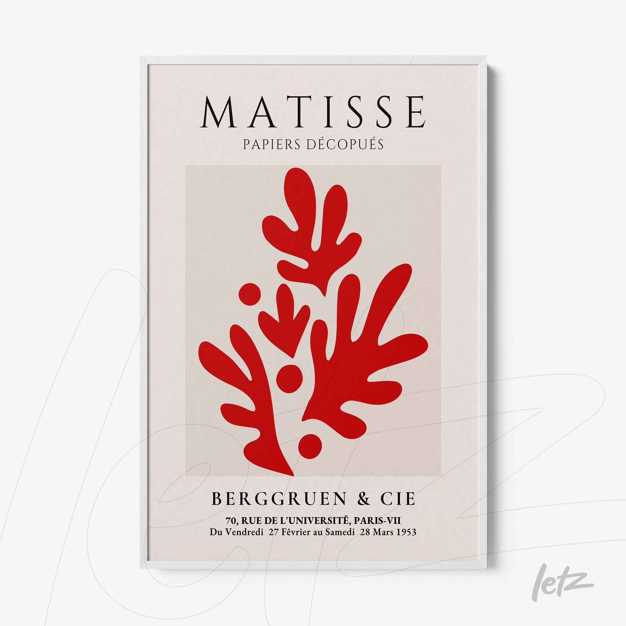 quadro com arte inspirada em Matisse, apresentando formas abstratas vermelhas em fundo neutro e moldura branca