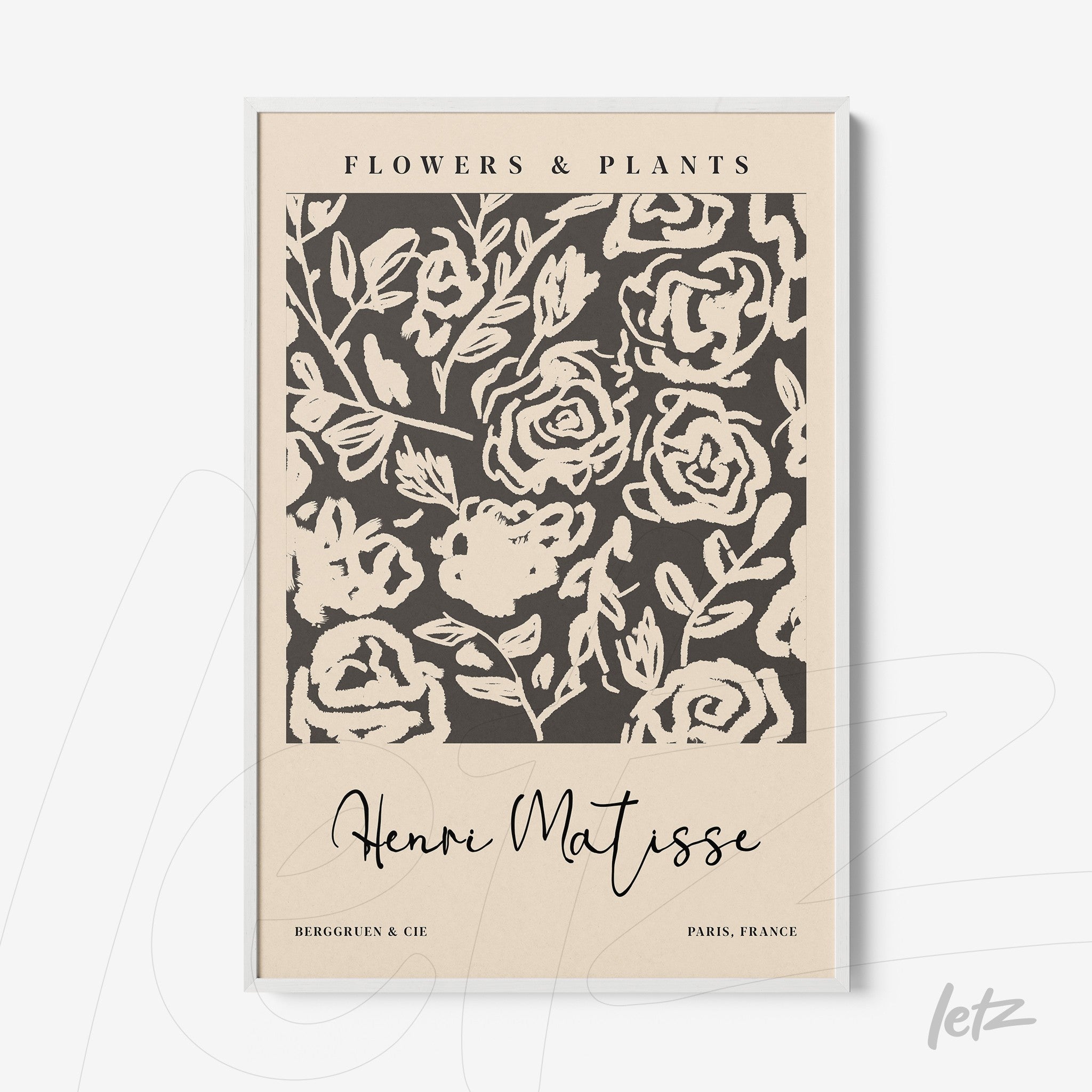 quadro com arte floral de Henri Matisse em moldura branca, fundo bege com rosas estilizadas em tons escuros