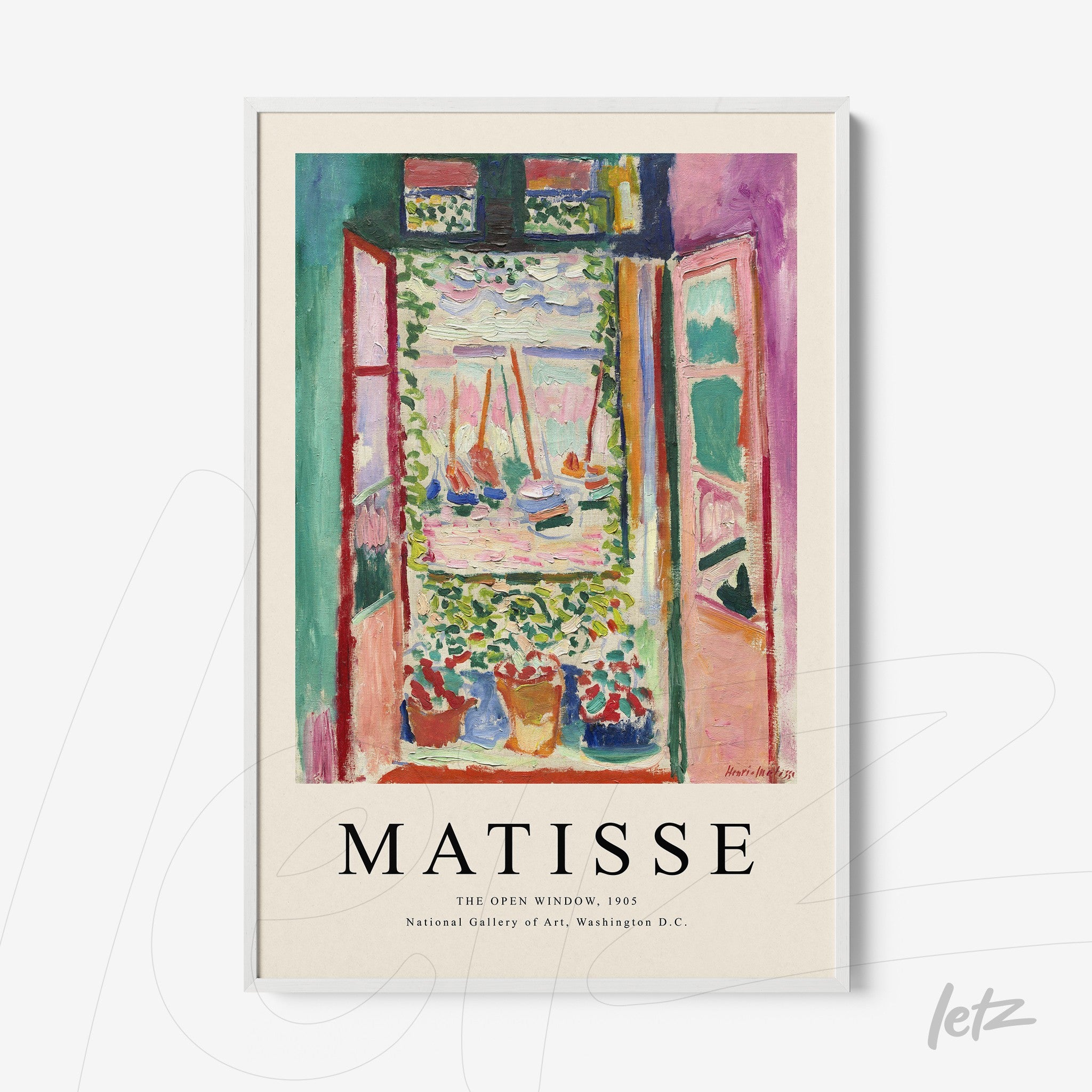 quadro com arte colorida de Matisse intitulada A Janela Aberta, com moldura branca