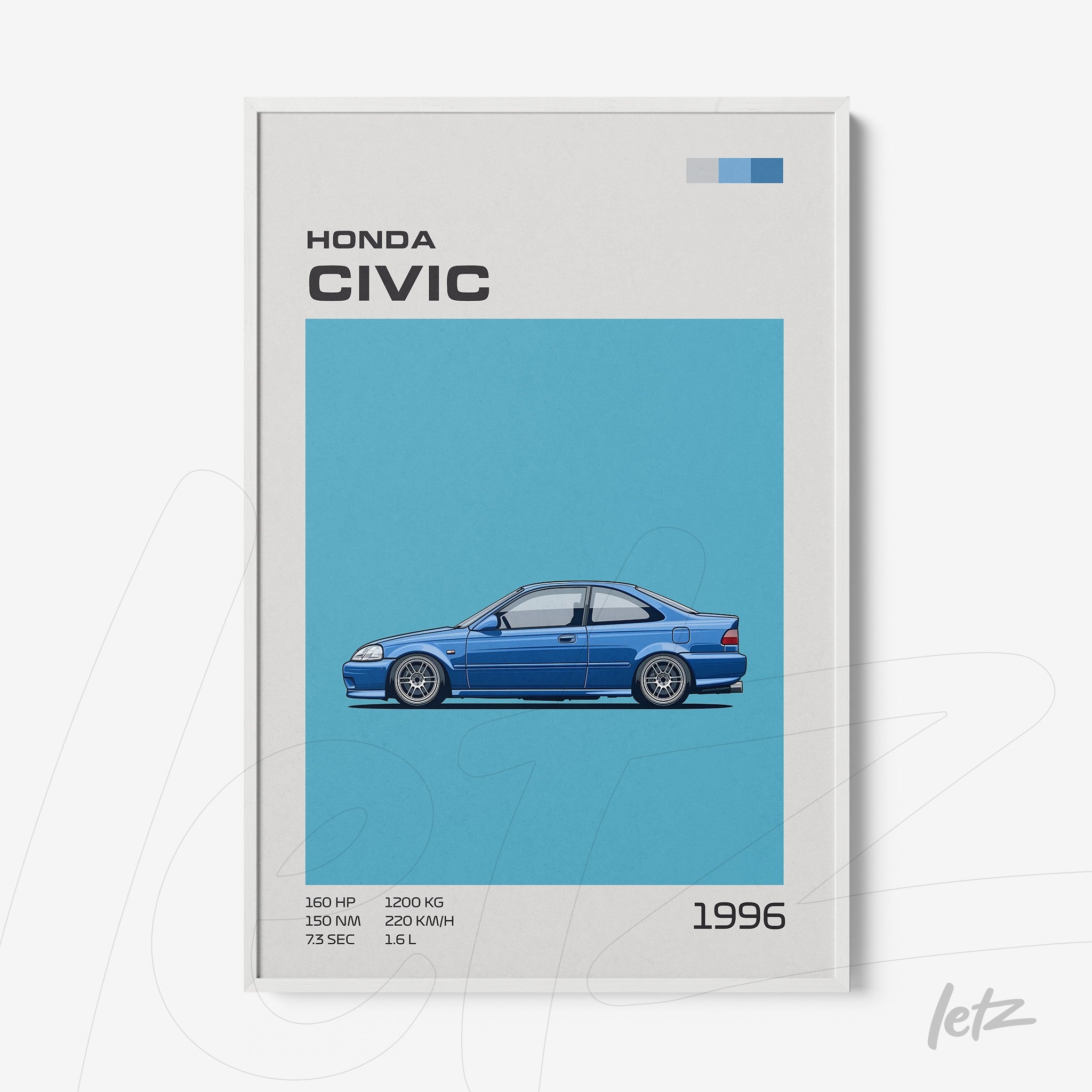 quadro com ilustração estilizada de um Honda Civic de 1996 em azul sobre fundo azul claro, detalhes gráficos com especificações do carro