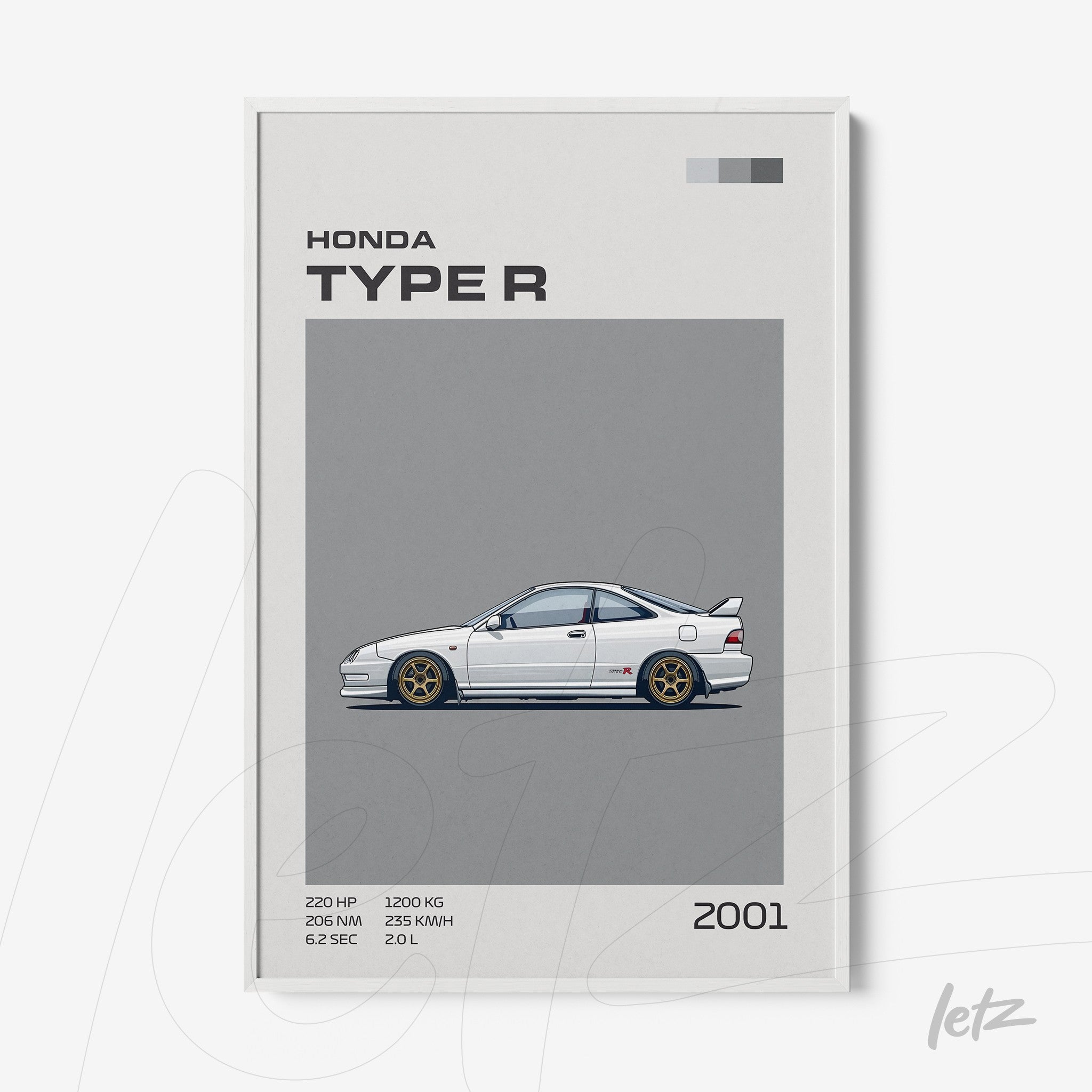 quadro com ilustração minimalista do Honda Type R 2001 em fundo cinza e moldura branca