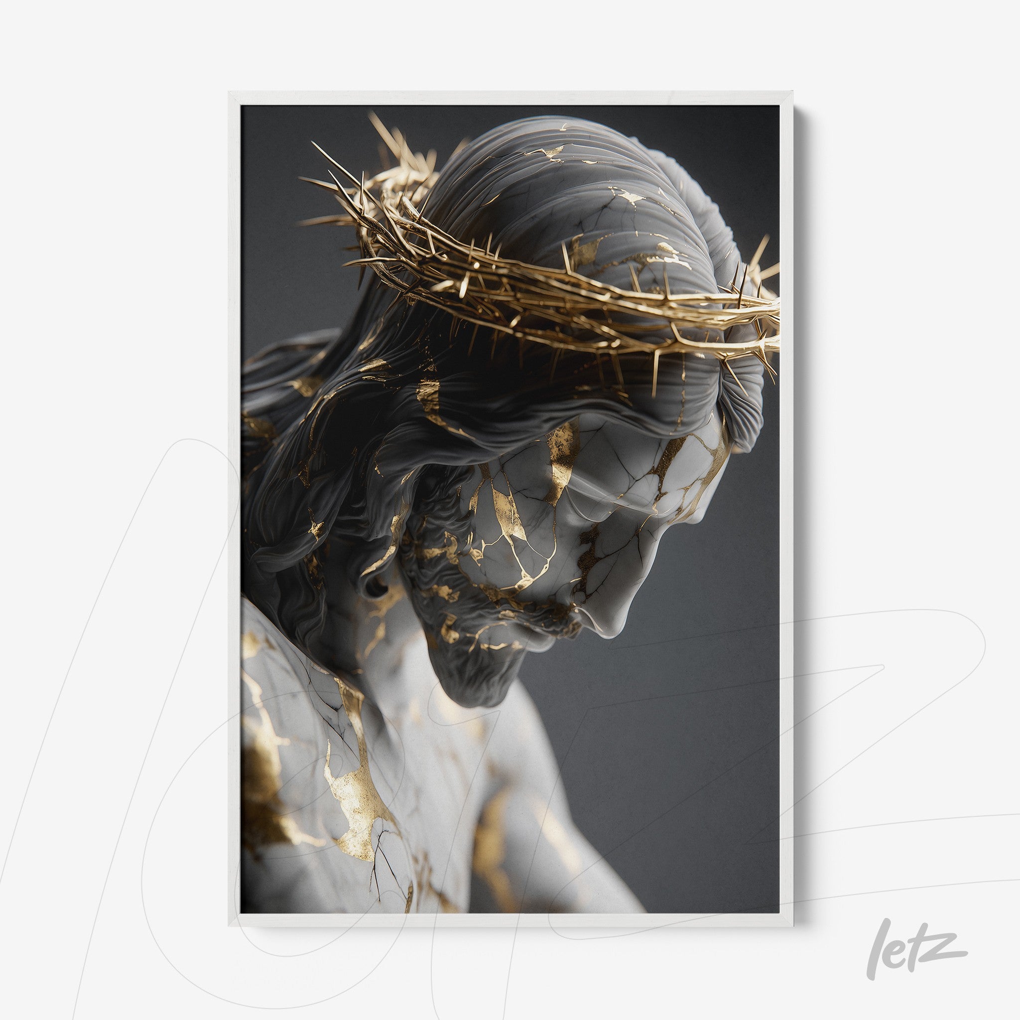 quadro com arte digital de Cristo com detalhes em ouro e finas rachaduras, moldura branca