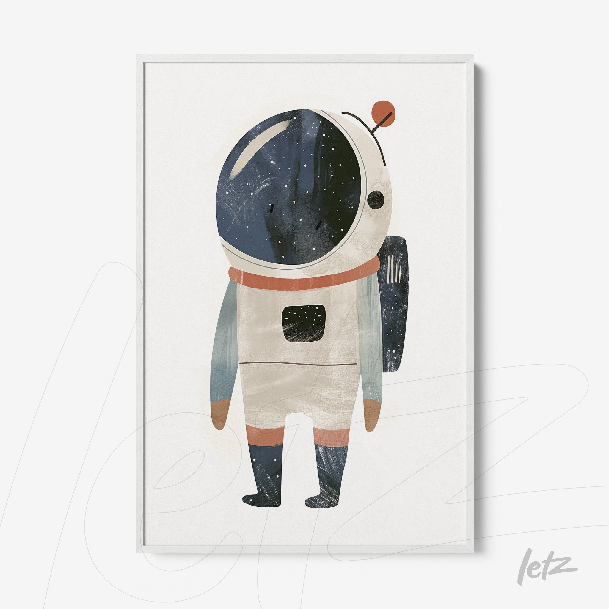 quadro com ilustração de um astronauta estilizado em fundo branco e moldura fina