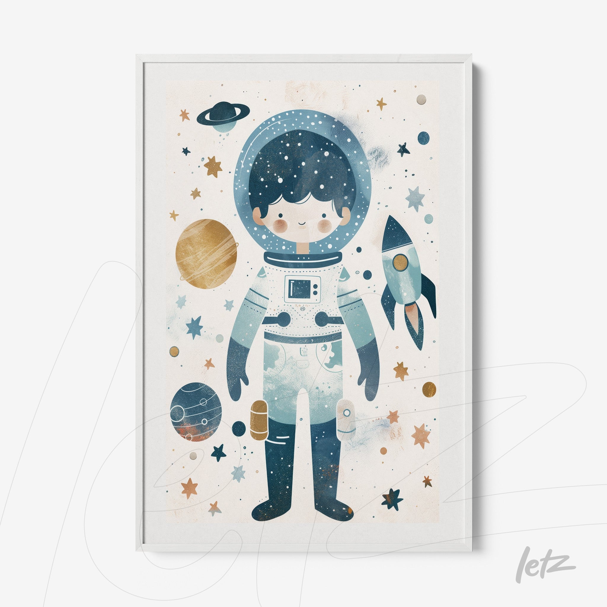 quadro com ilustração de astronauta infantil em fundo espacial com planetas e estrelas, moldura branca