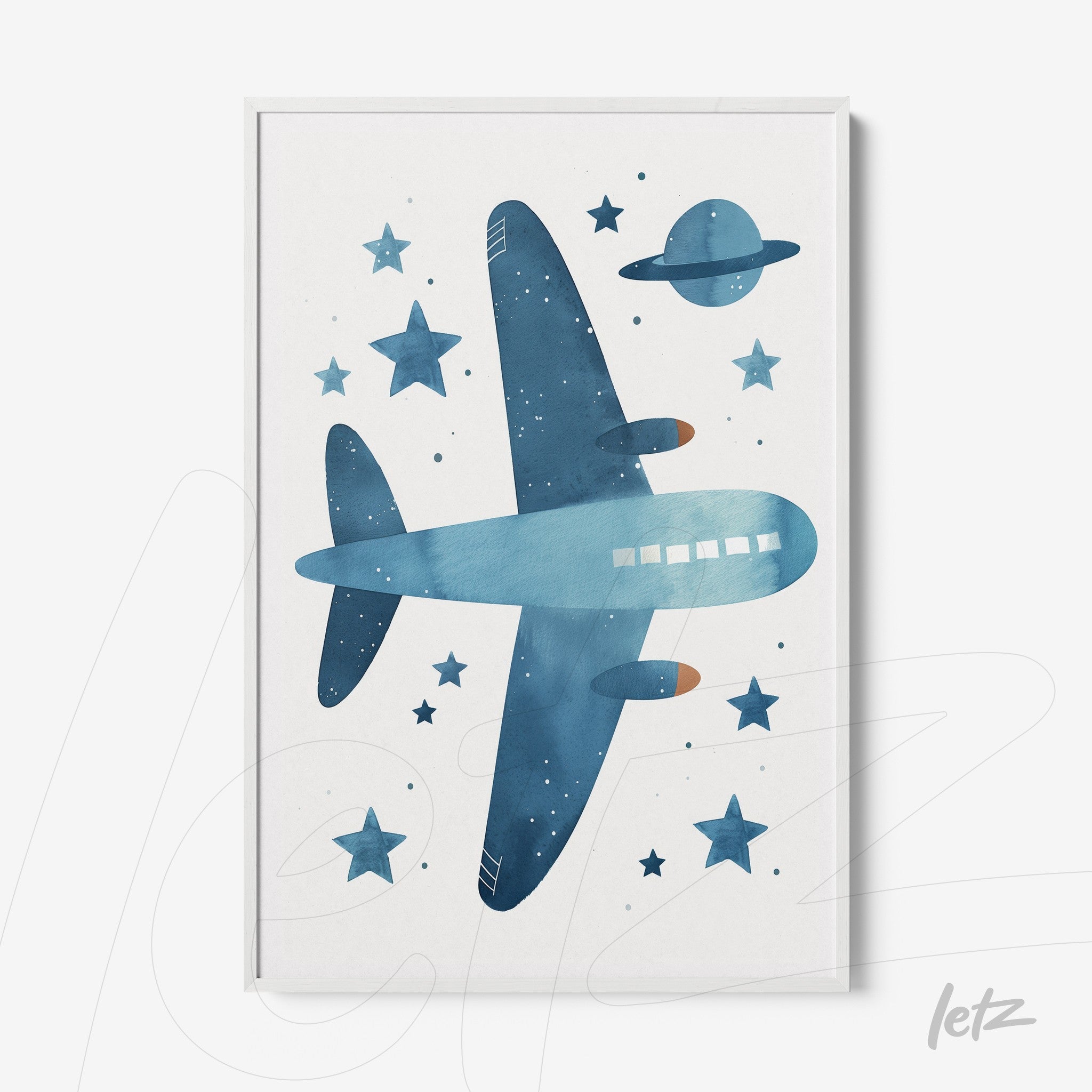 quadro com ilustração aquarela de avião azul sobre fundo claro com estrelas e planetas